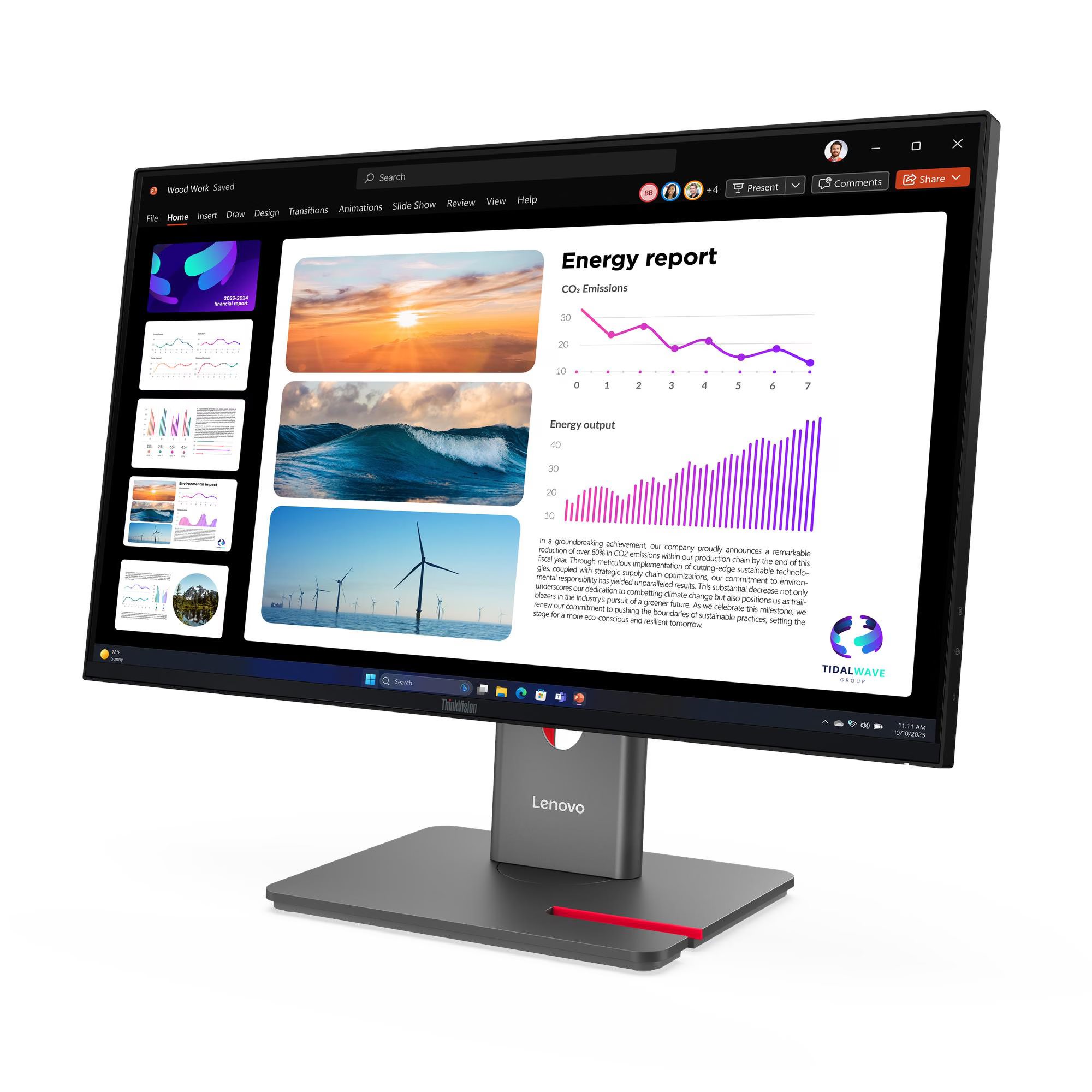 Egy számítógép monitor energiajelentést mutat grafikonokkal és szélturbinák képeivel.