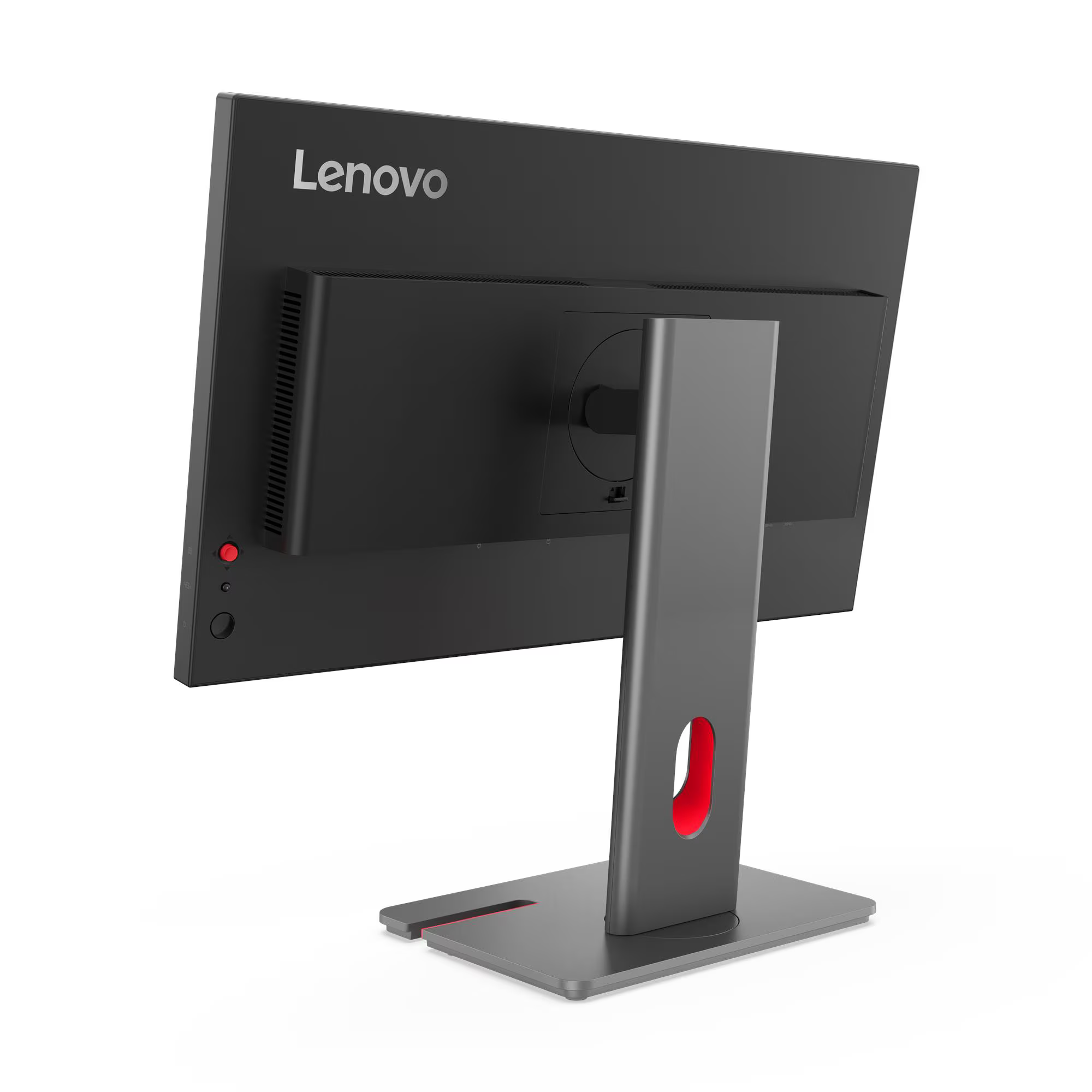 Fekete Lenovo monitor hátulja, ezüst állvánnyal és piros díszítéssel.