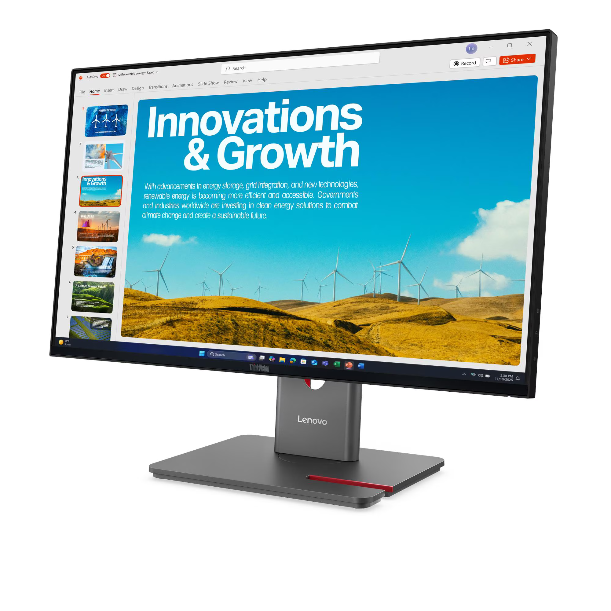 Egy monitor az innovációkról és növekedésről szóló prezentációt mutat, szélkerekekkel.