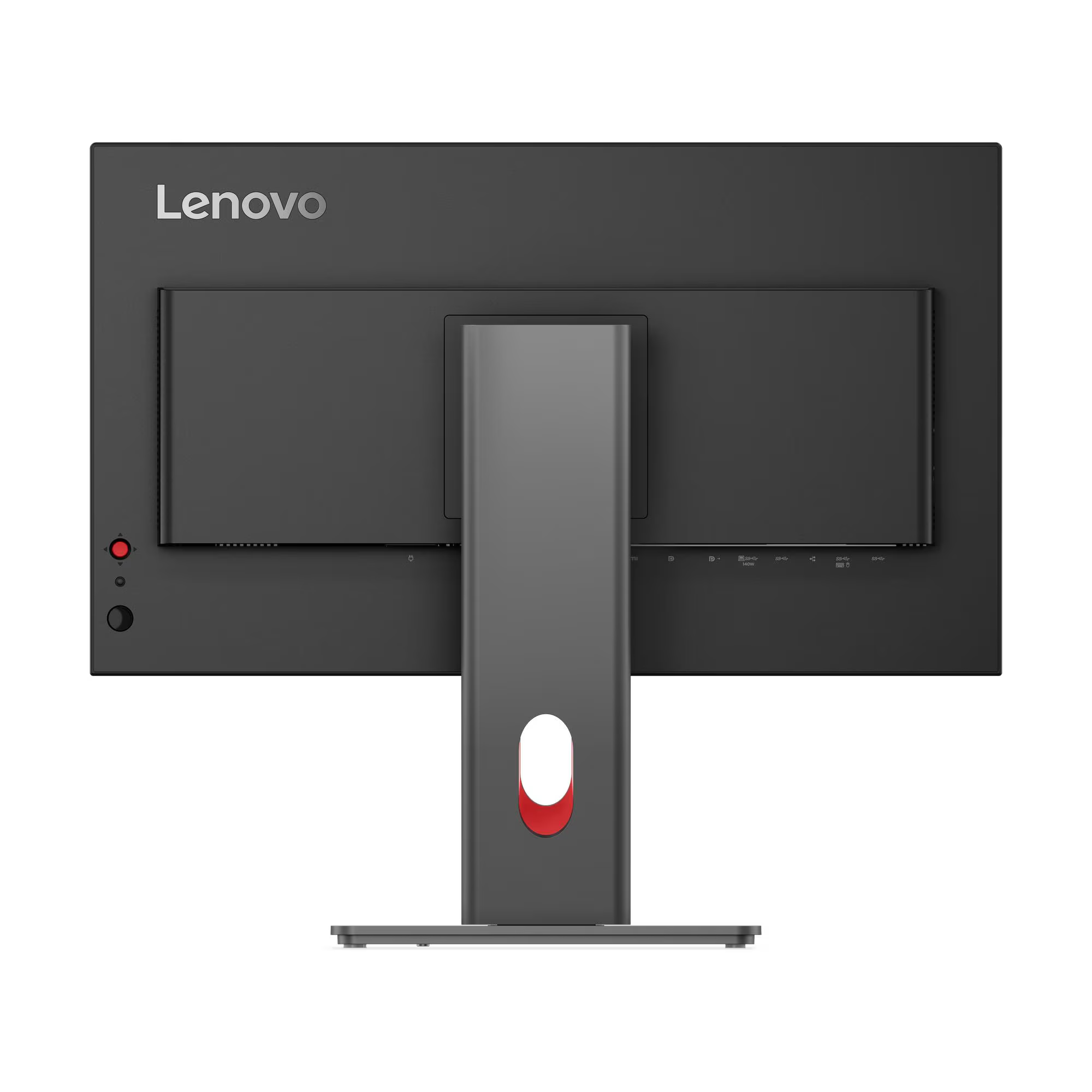 Egy fekete Lenovo monitor hátulja, ezüst állvánnyal és portokkal.