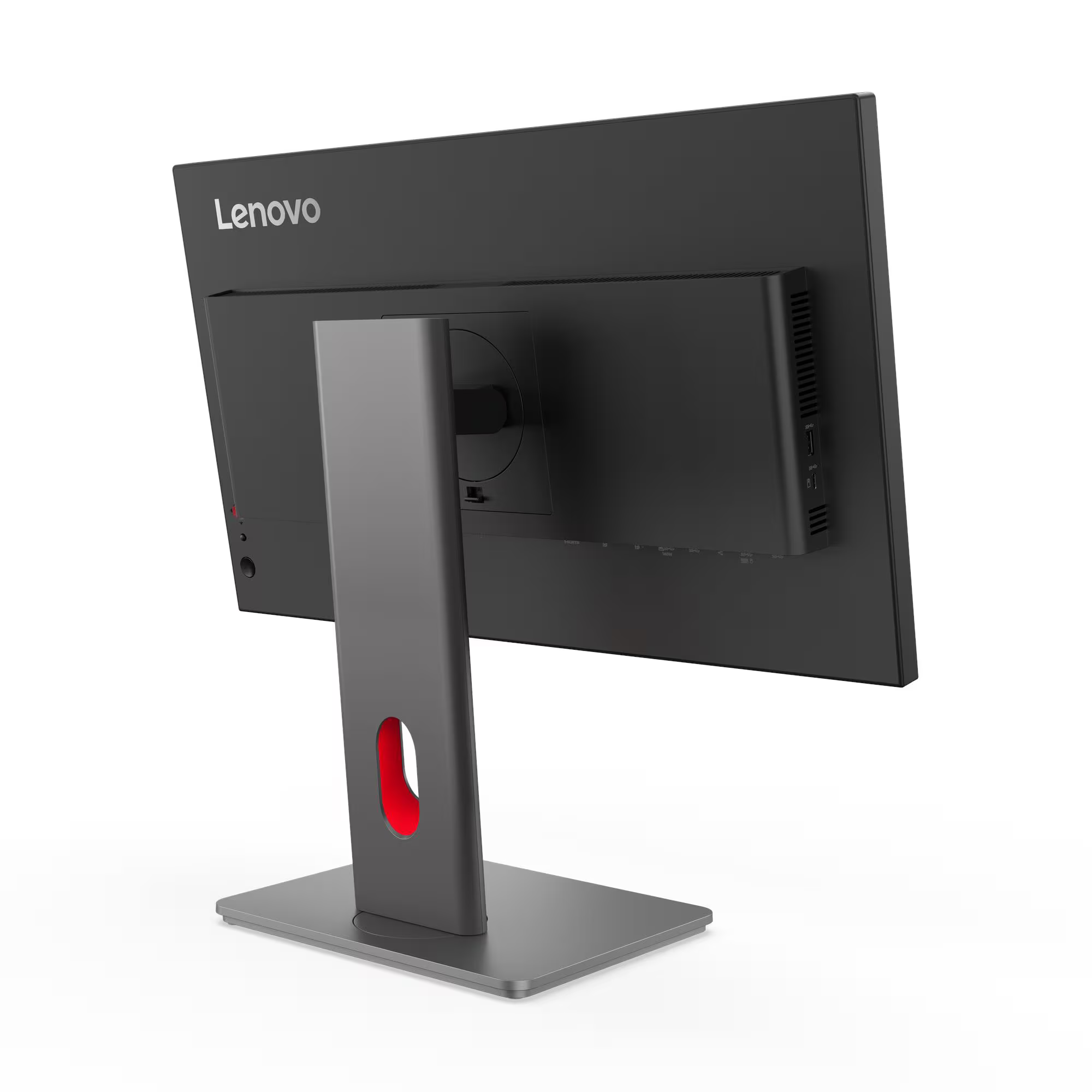 Fekete Lenovo monitor hátulnézete, ezüst állvánnyal és piros díszítő nyílással.