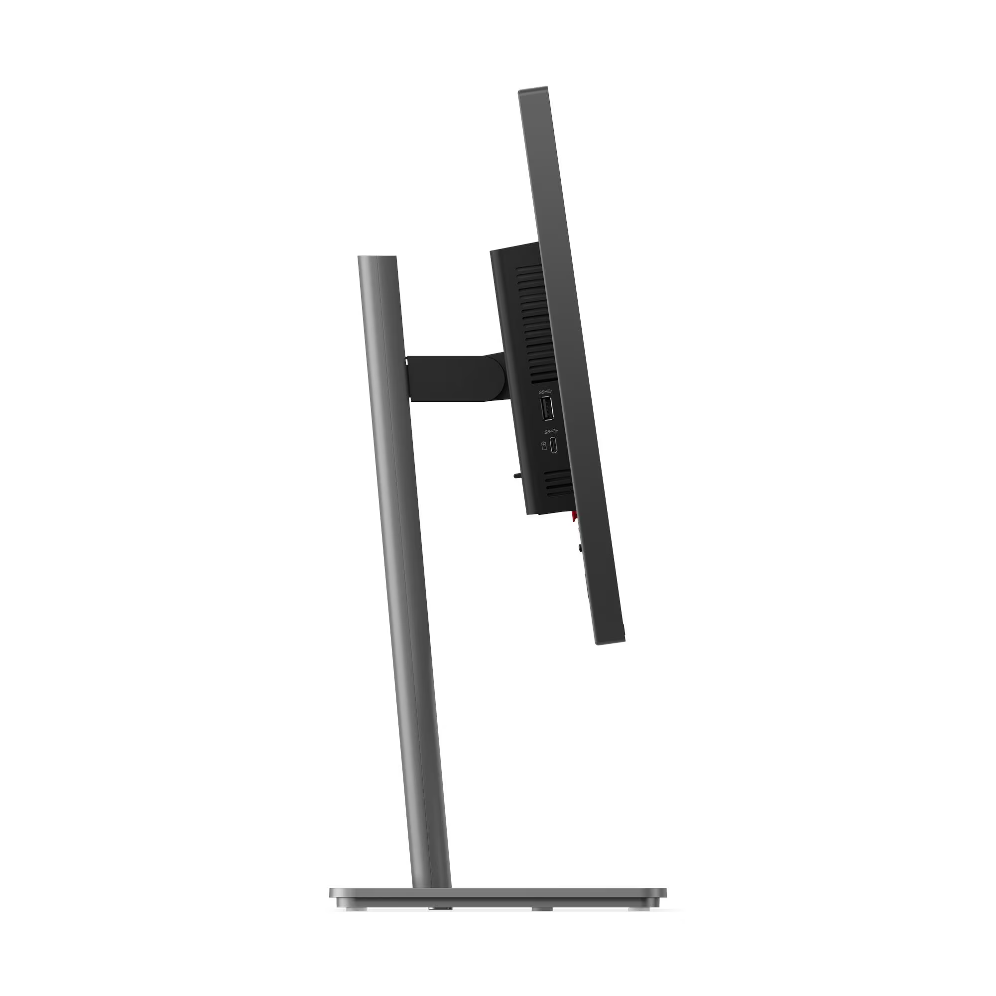 Szürke monitorállvány a monitor és a portok oldalnézetével.