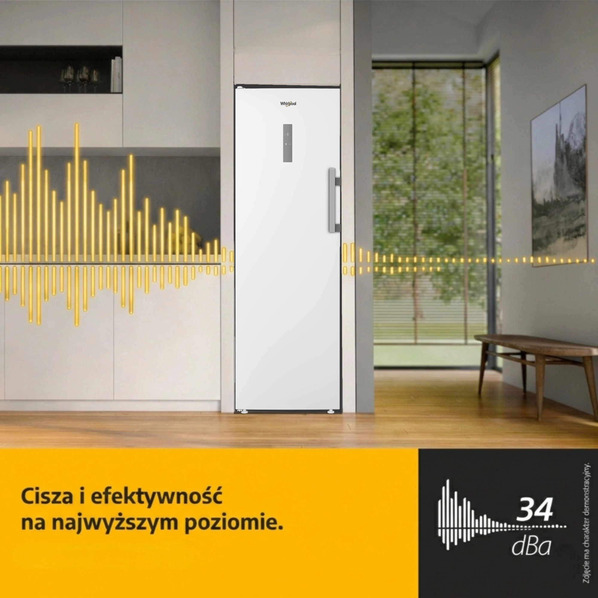 Biała lodówka w nowoczesnej kuchni z żółtymi grafikami fal dźwiękowych.