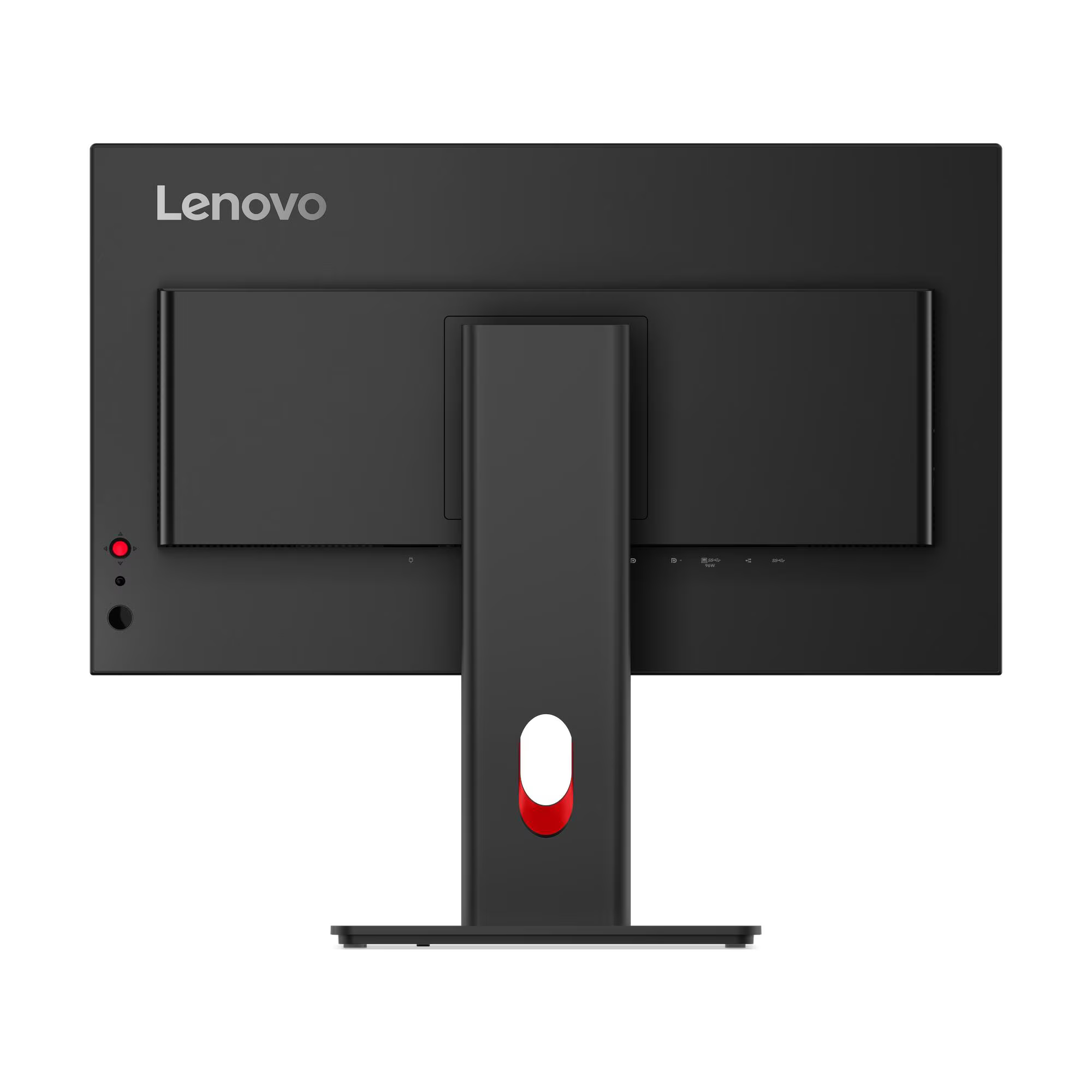 Egy fekete Lenovo monitor hátoldala ezüst logóval és piros díszítéssel.
