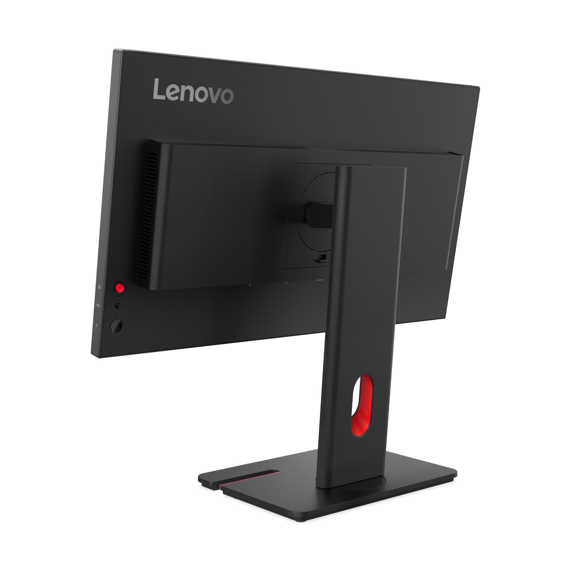 Fekete Lenovo monitor hátulnézete, ezüst logóval és piros díszítéssel az állványon.