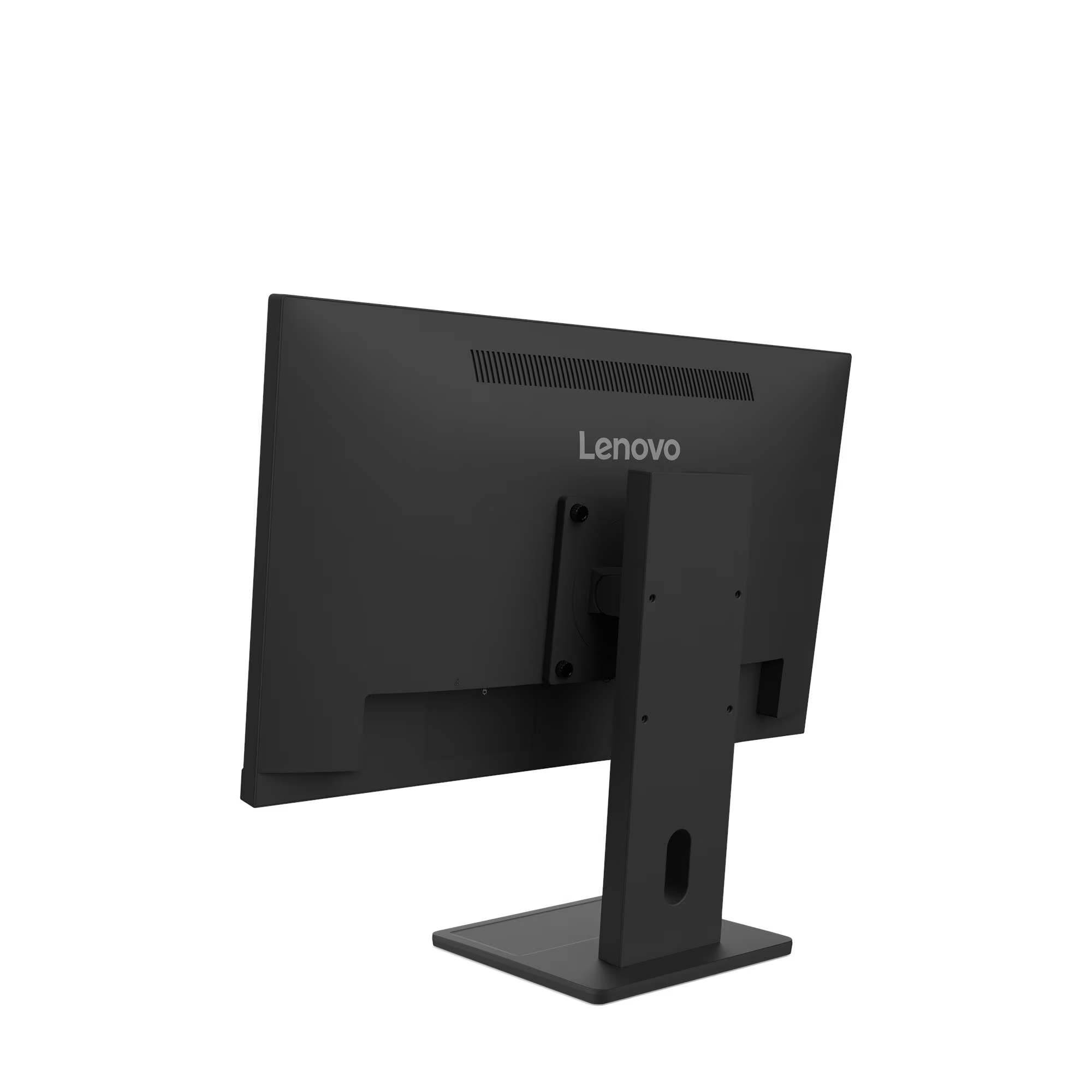Egy fekete Lenovo monitor hátulnézete az állványán, fehér háttér előtt.