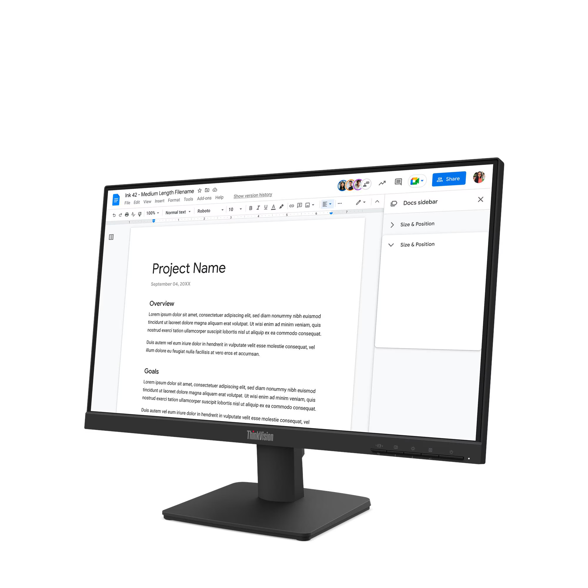 Egy fekete ThinkVision monitoron látható a 'Projekt neve' című Google Docs dokumentum.