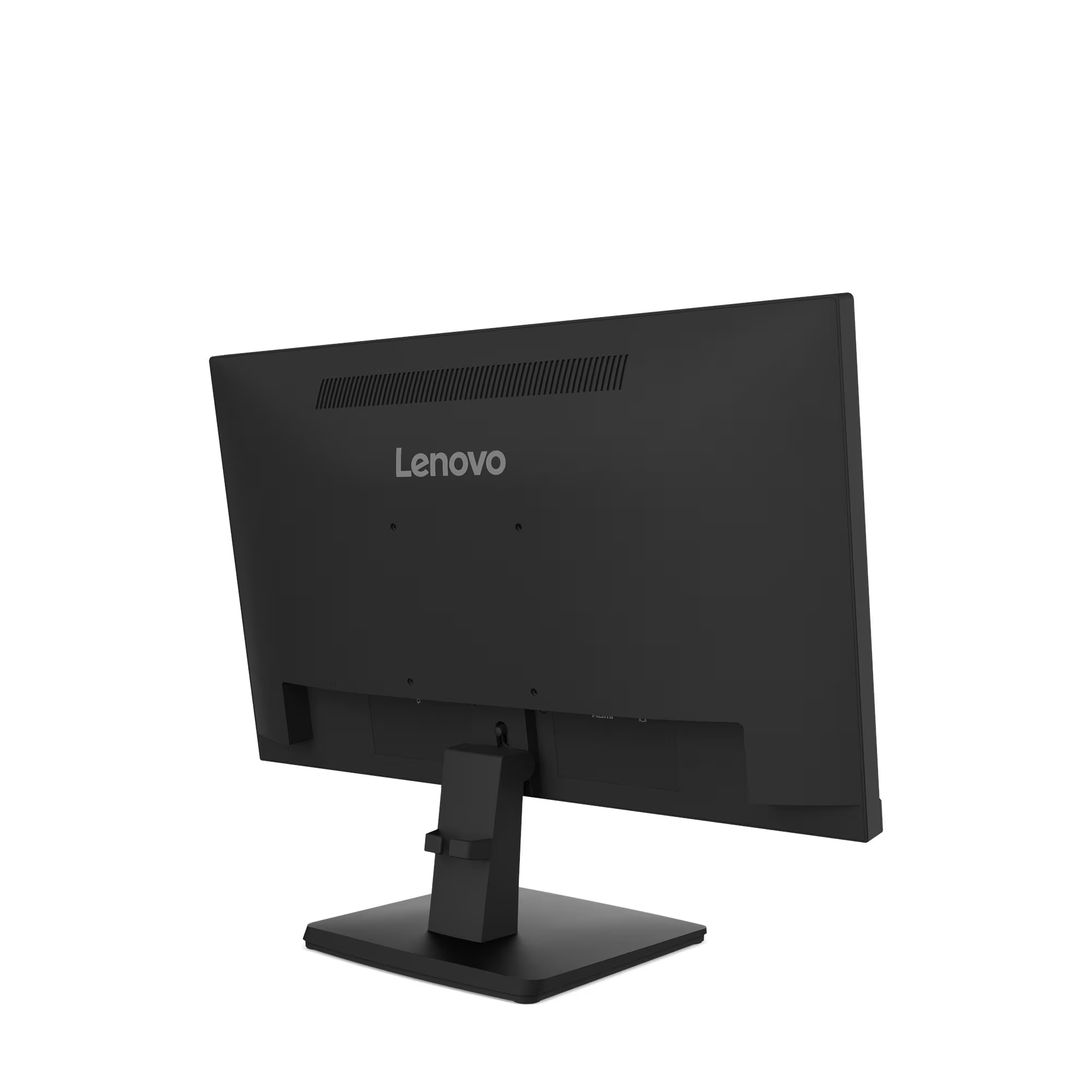 Egy fekete Lenovo monitor hátulnézete portokkal és állvánnyal.