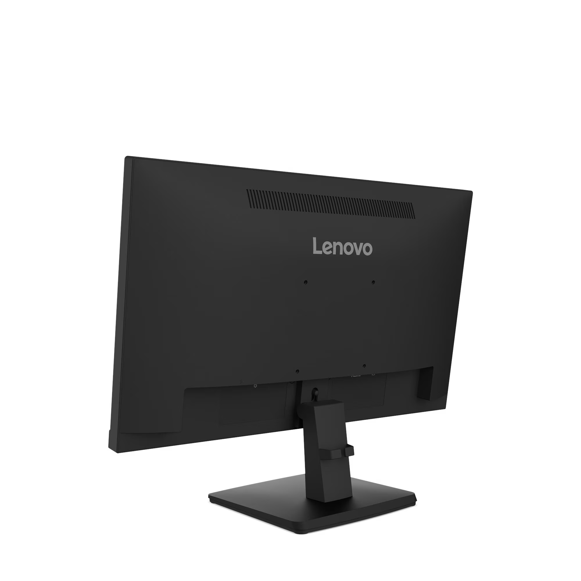 Fekete Lenovo monitor hátulnézete, téglalap alakú állványon.
