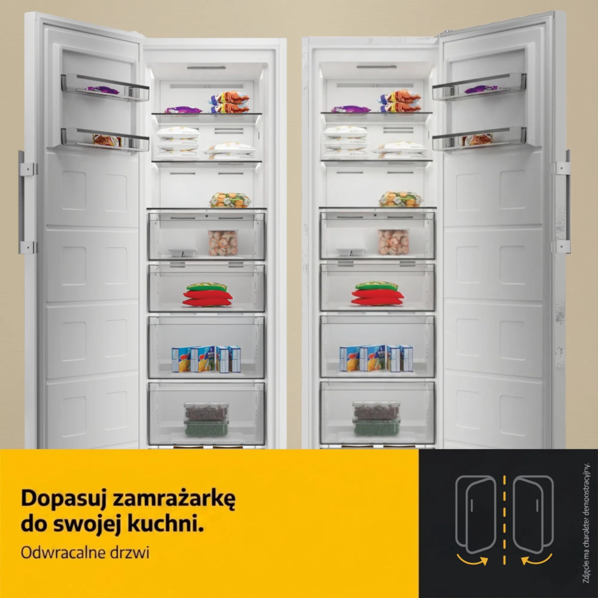 Dwa otwarte białe zamrażarki z jedzeniem na półkach i w szufladach.