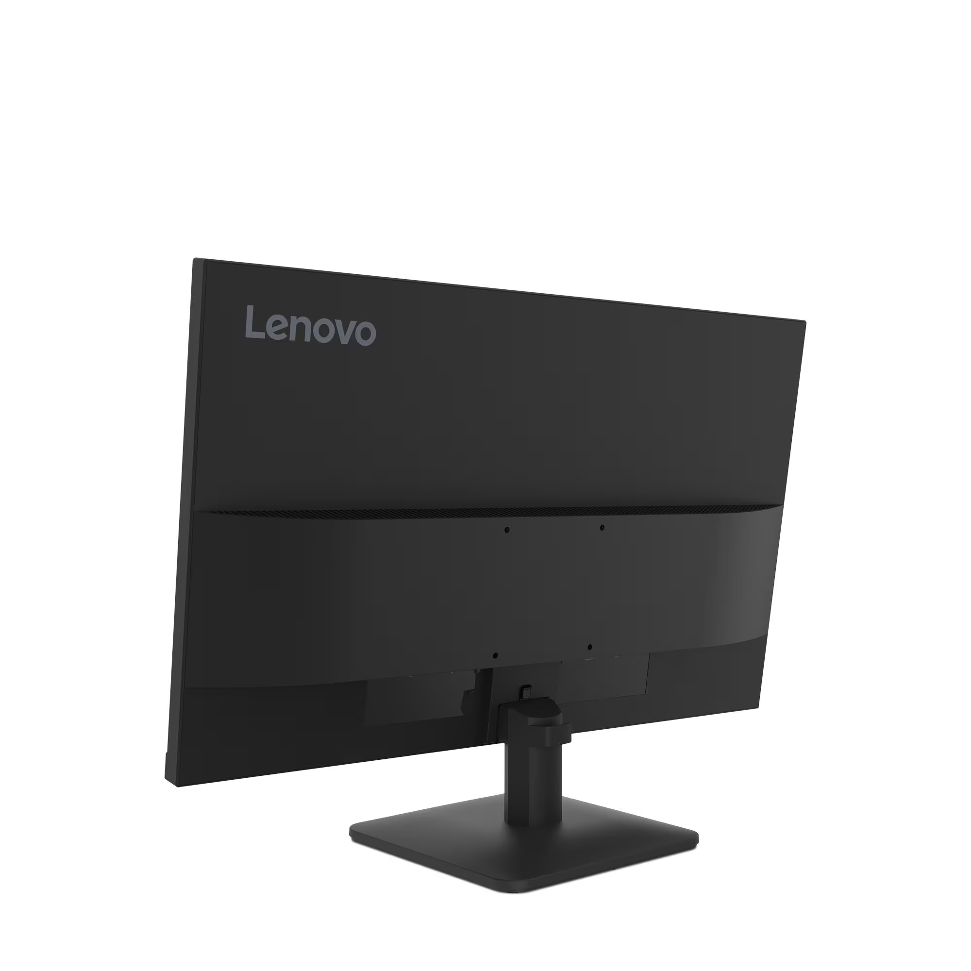 Egy fekete Lenovo monitor hátulnézete négyzet alakú állványon.