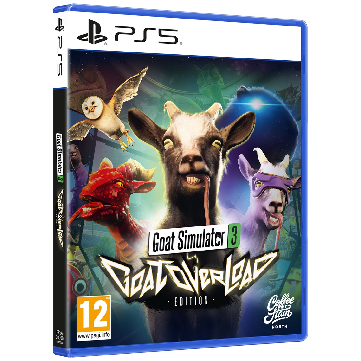 PS5 spelcover: Geiten, draak, uil in sterrenhemel. Goat Simulator 3.