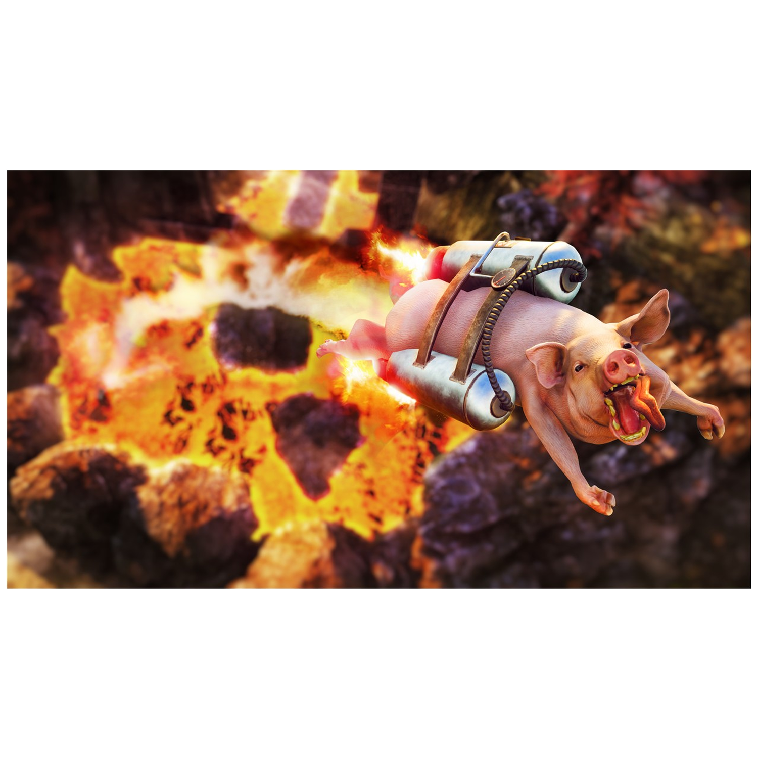 Een varken met jetpack vliegt voor een vurige achtergrond.