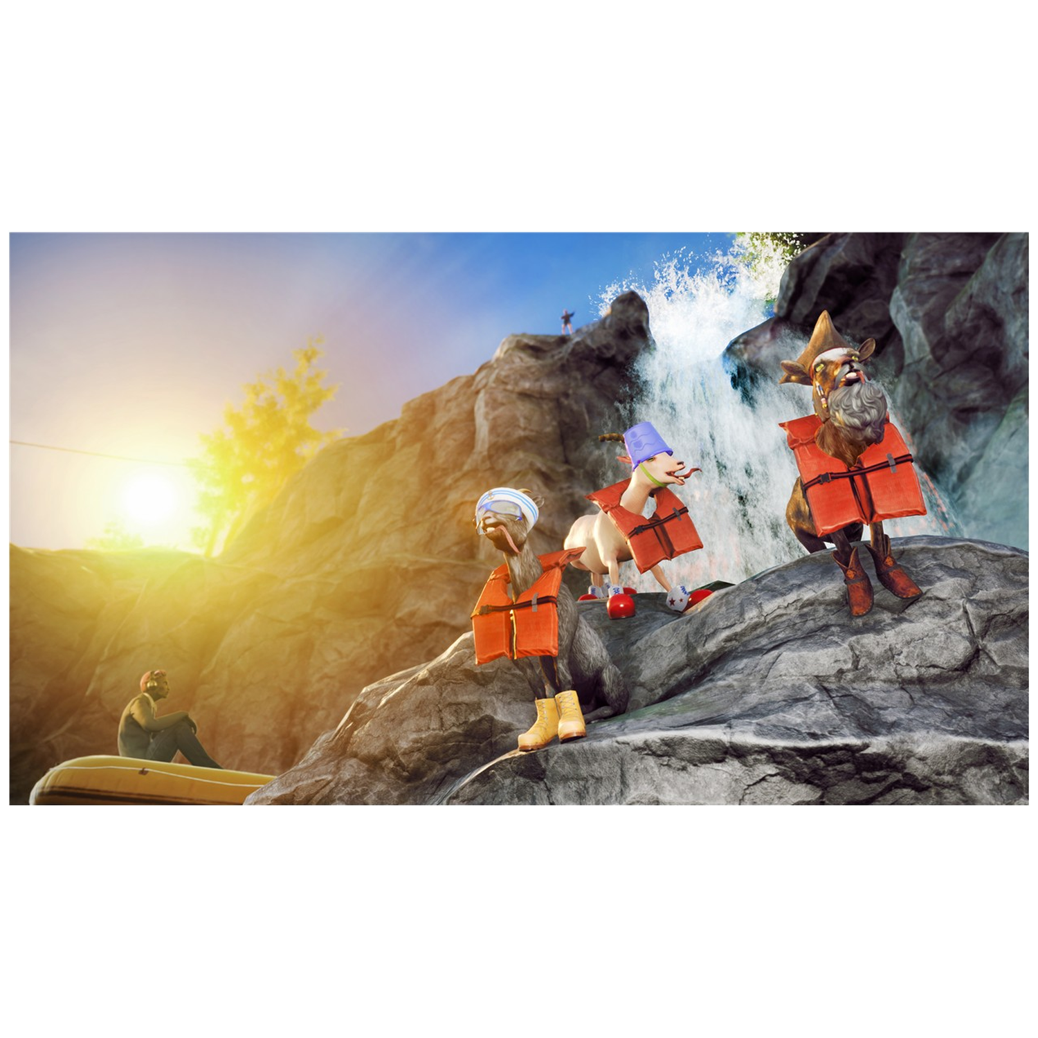 Twee geiten in reddingsvesten op rotsen, één met emmerhoed, waterval op achtergrond.