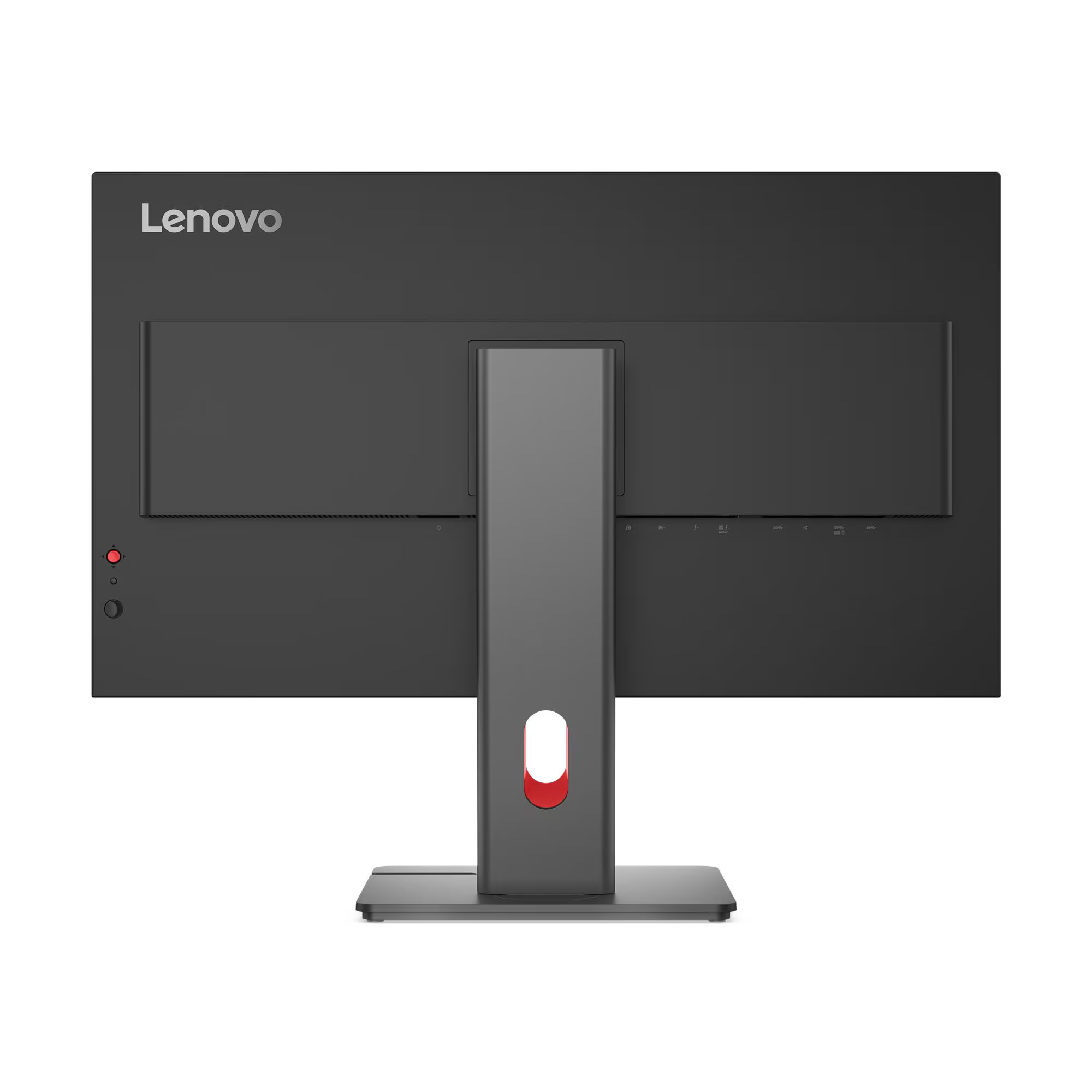 Egy fekete Lenovo monitor hátulnézete, szürke állvánnyal és piros díszítéssel.