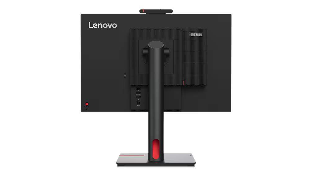 Fekete Lenovo ThinkCentre monitor hátulja portokkal és piros díszítéssel.