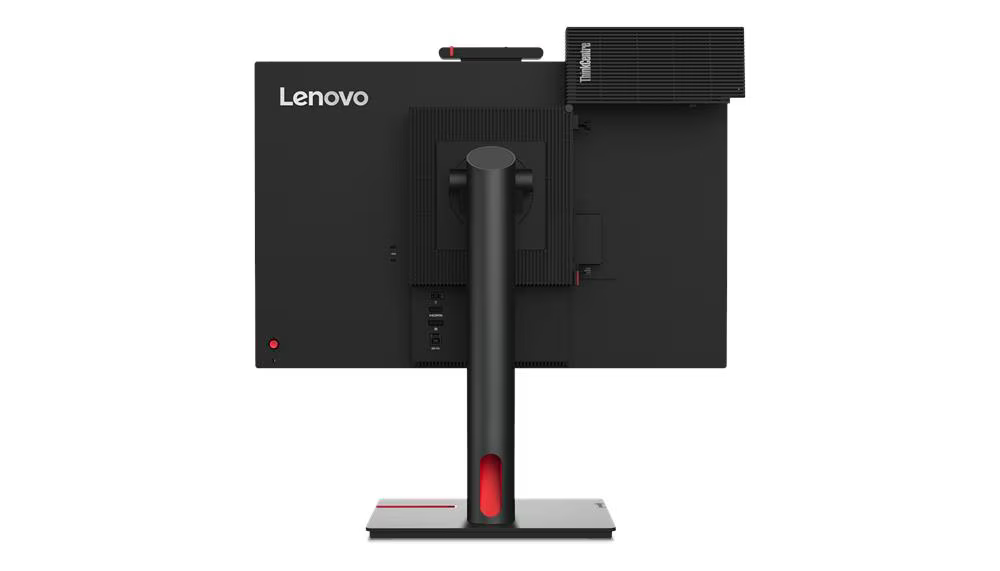 Fekete Lenovo monitor hátulja ThinkCentre mini PC-vel és piros állvánnyal.