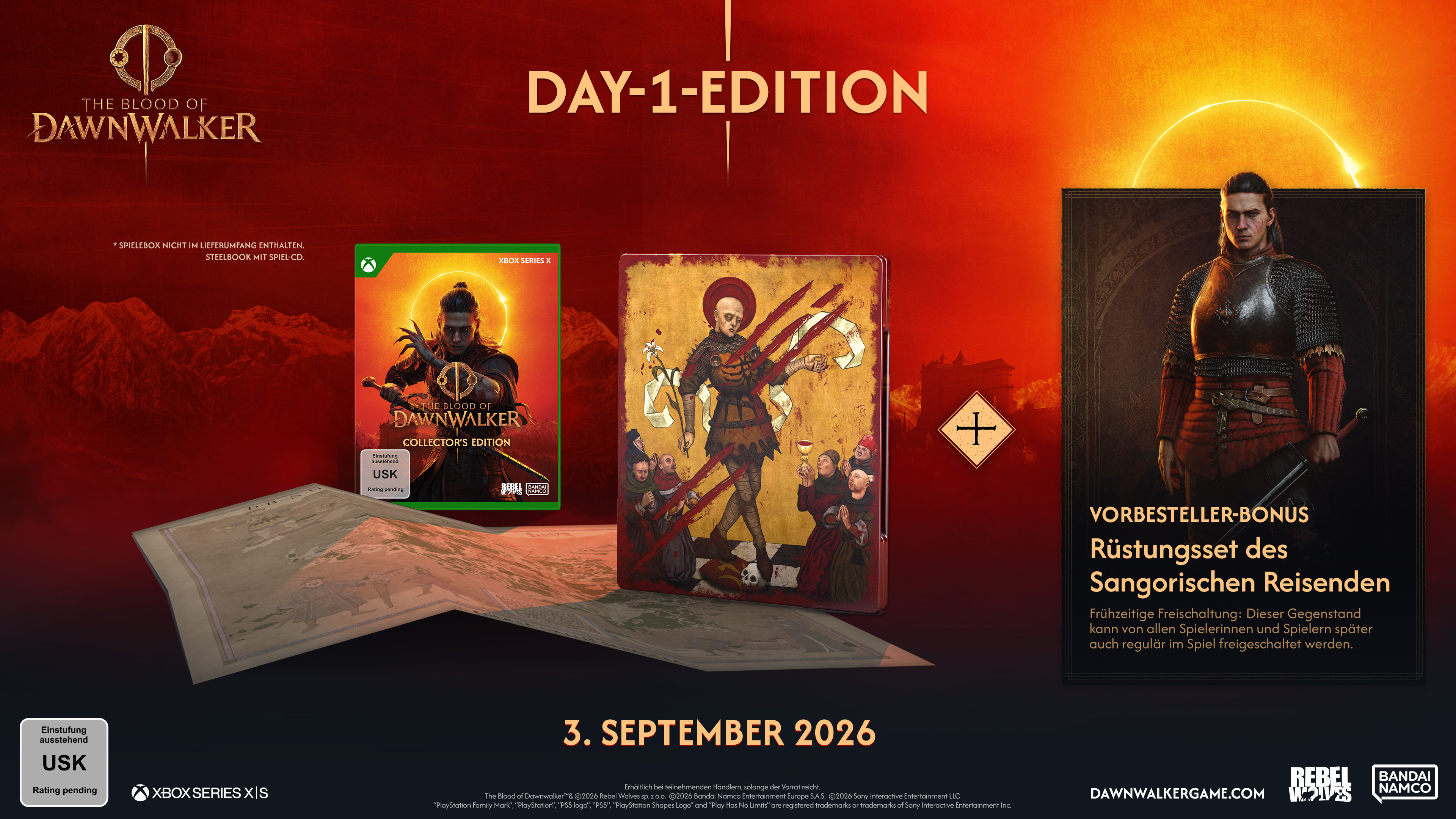 Werbebanner für 'The Blood of Dawnwalker' Day-1 Edition mit Steelbook und Collector's Edition.