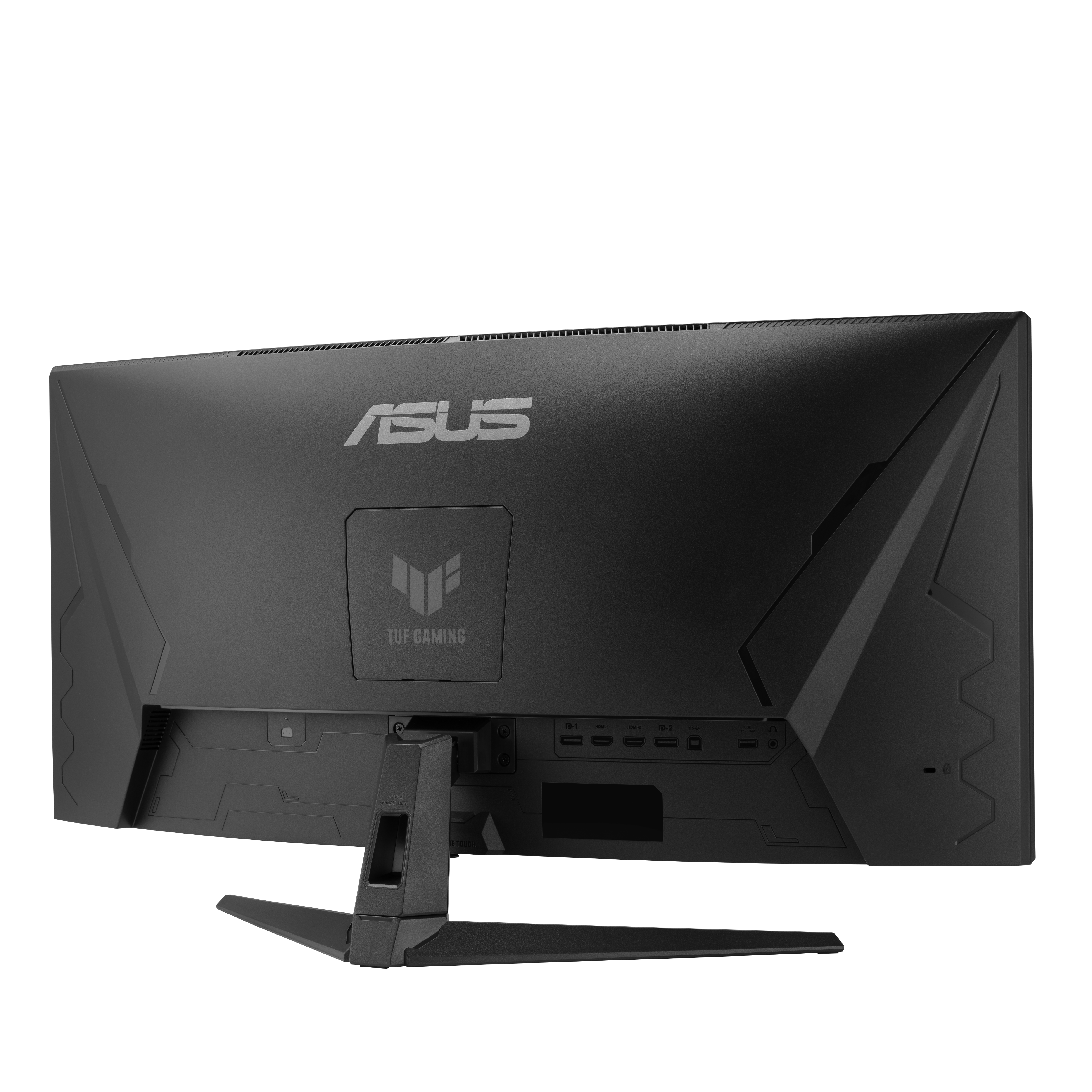 Rückseite eines schwarzen Asus Gaming Monitors mit Anschlüssen.