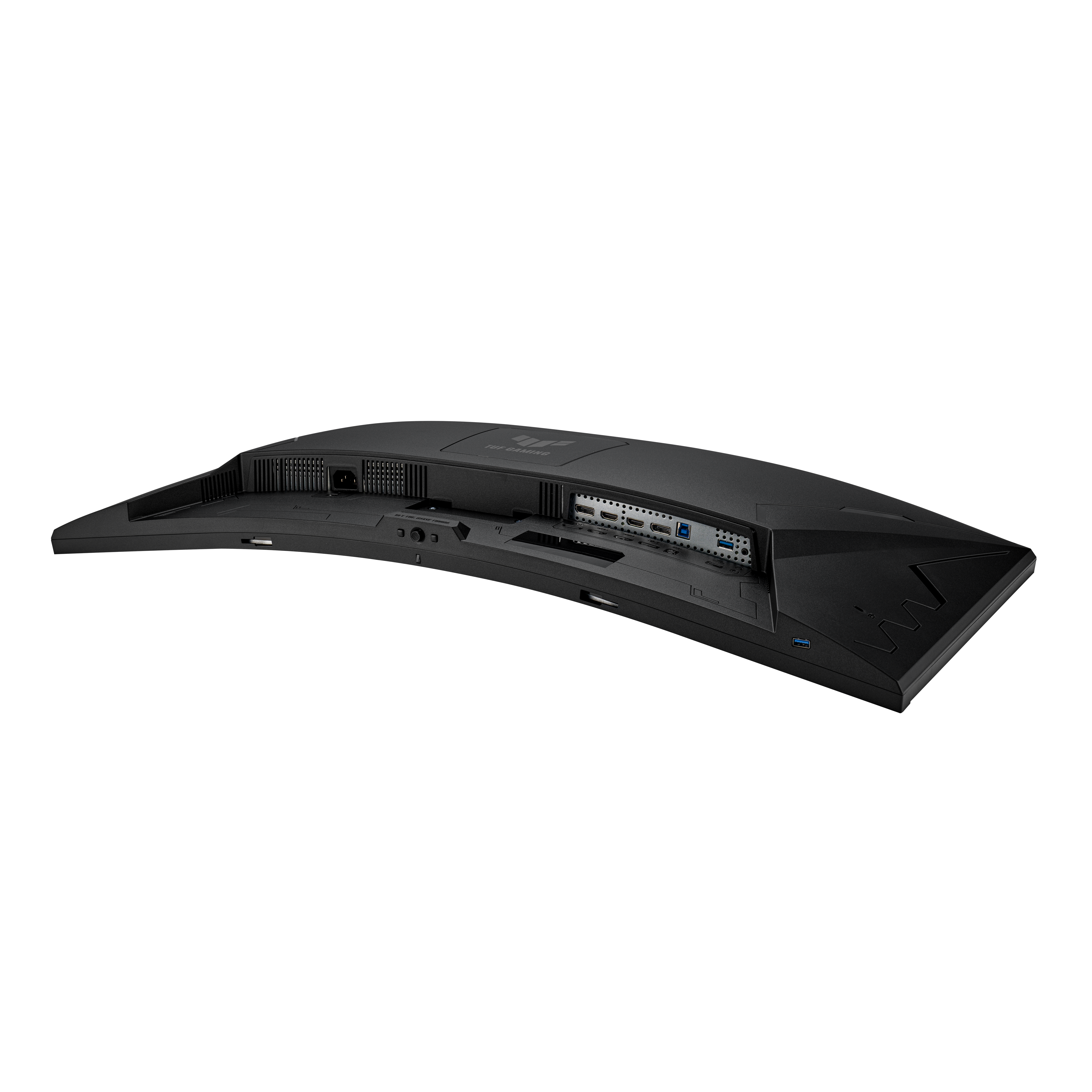 Gekrümmter Monitor Rückansicht mit Anschlüssen: USB, HDMI, DisplayPort, Strom.