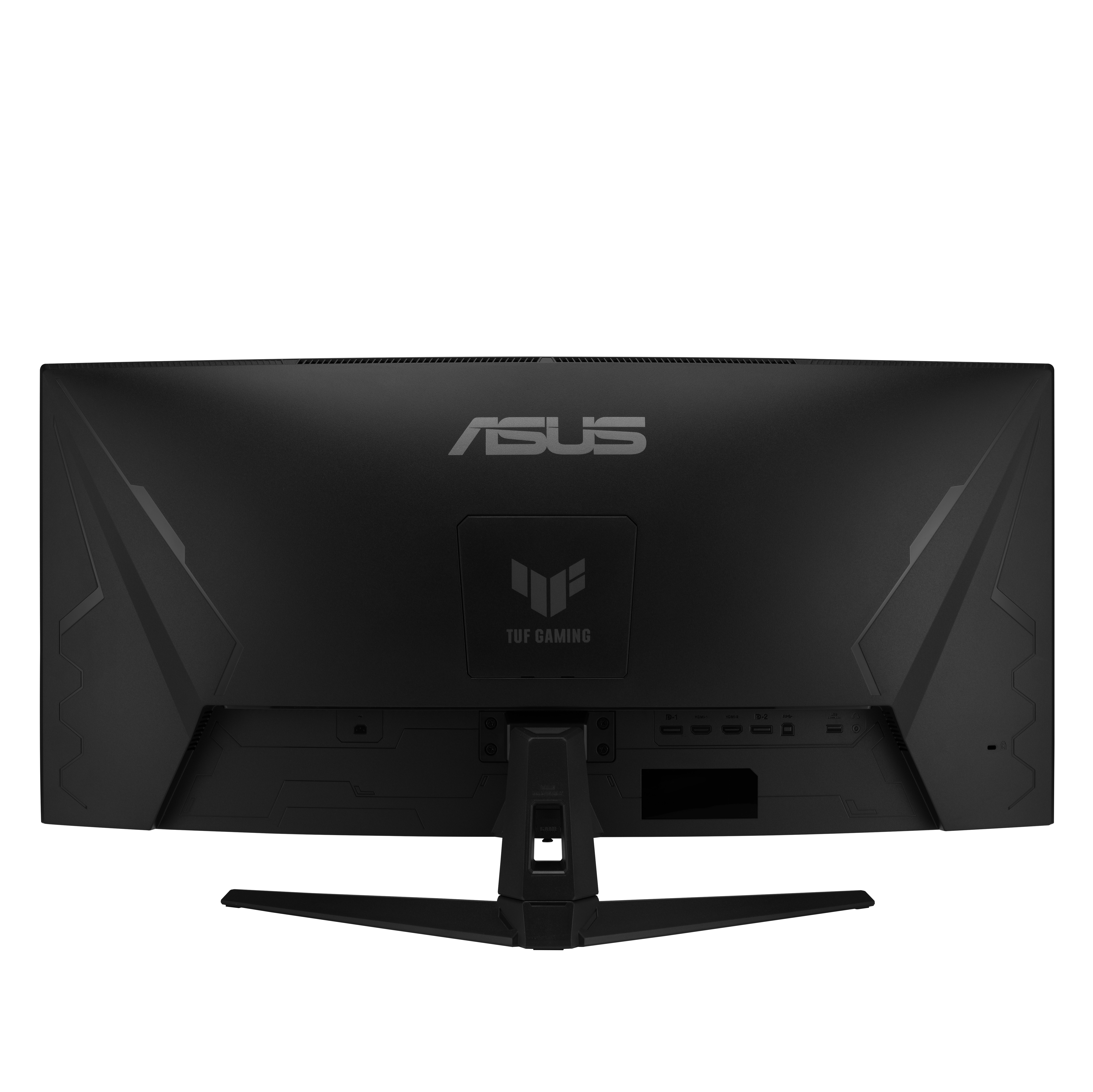 Rückseite eines schwarzen ASUS TUF Gaming Monitors mit Anschlüssen und Logos.