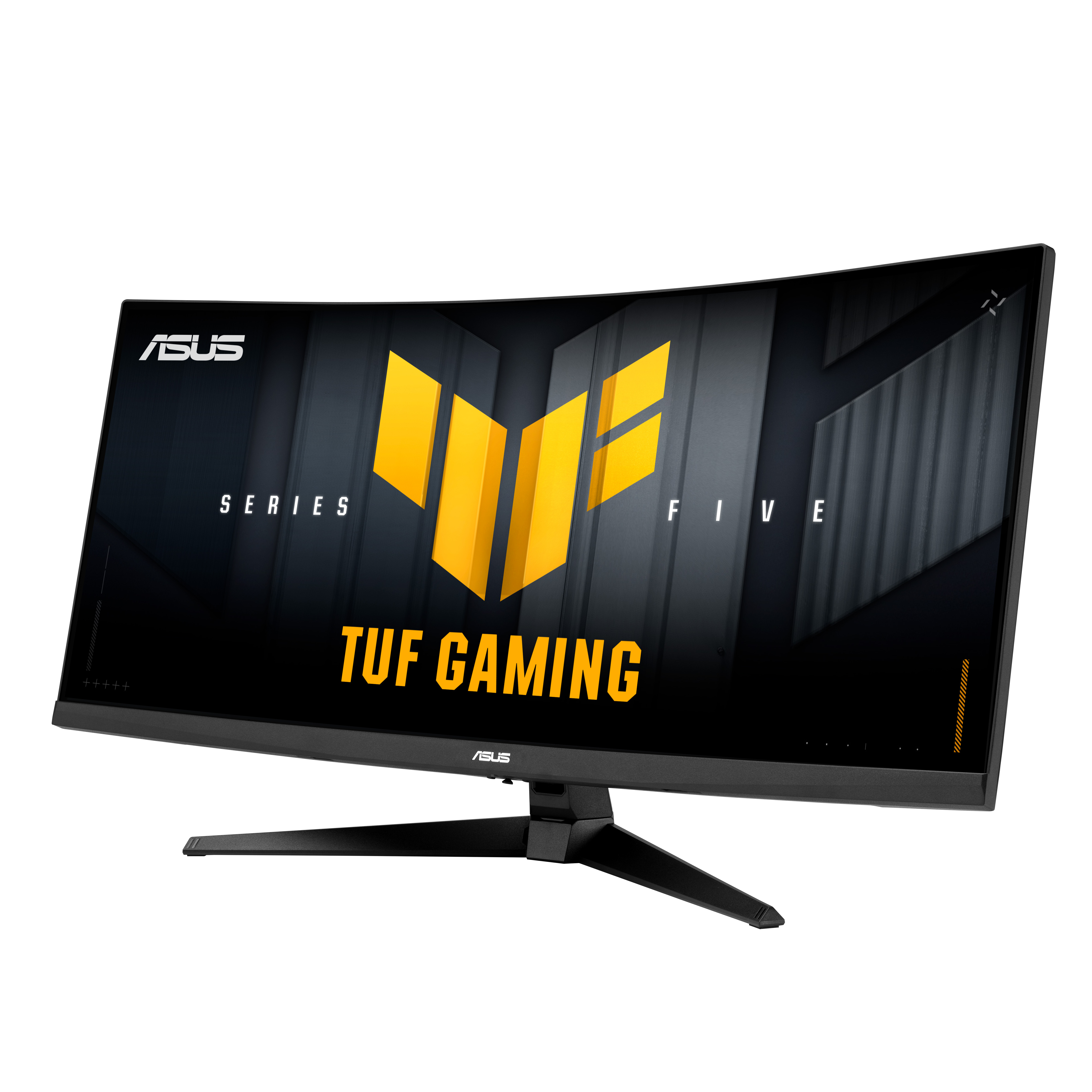 Ein gebogener ASUS TUF Gaming Monitor mit gelbem Logo auf schwarzem Hintergrund.