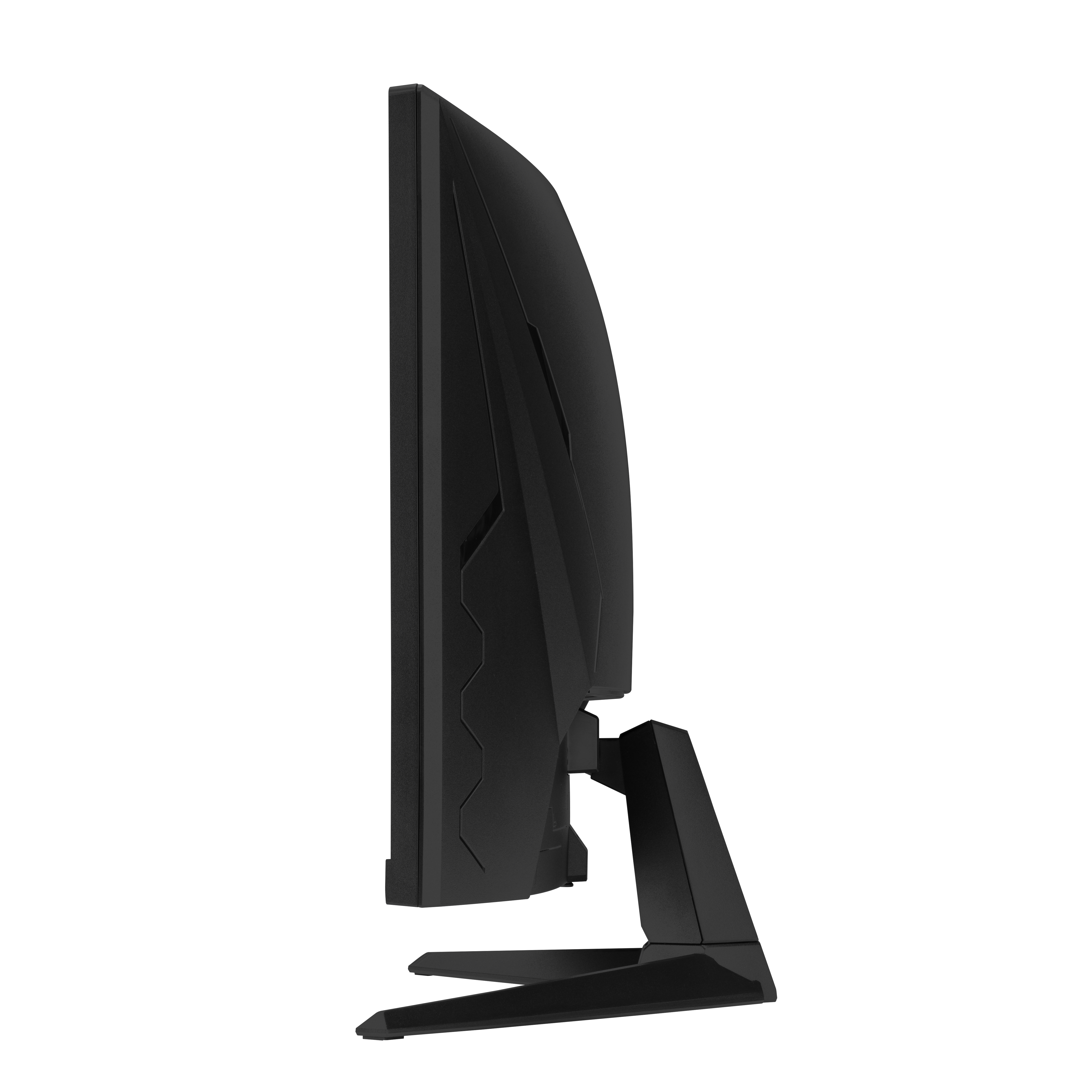 Ein schwarzer Computermonitor mit gebogenem Bildschirm, von der Seite gesehen.