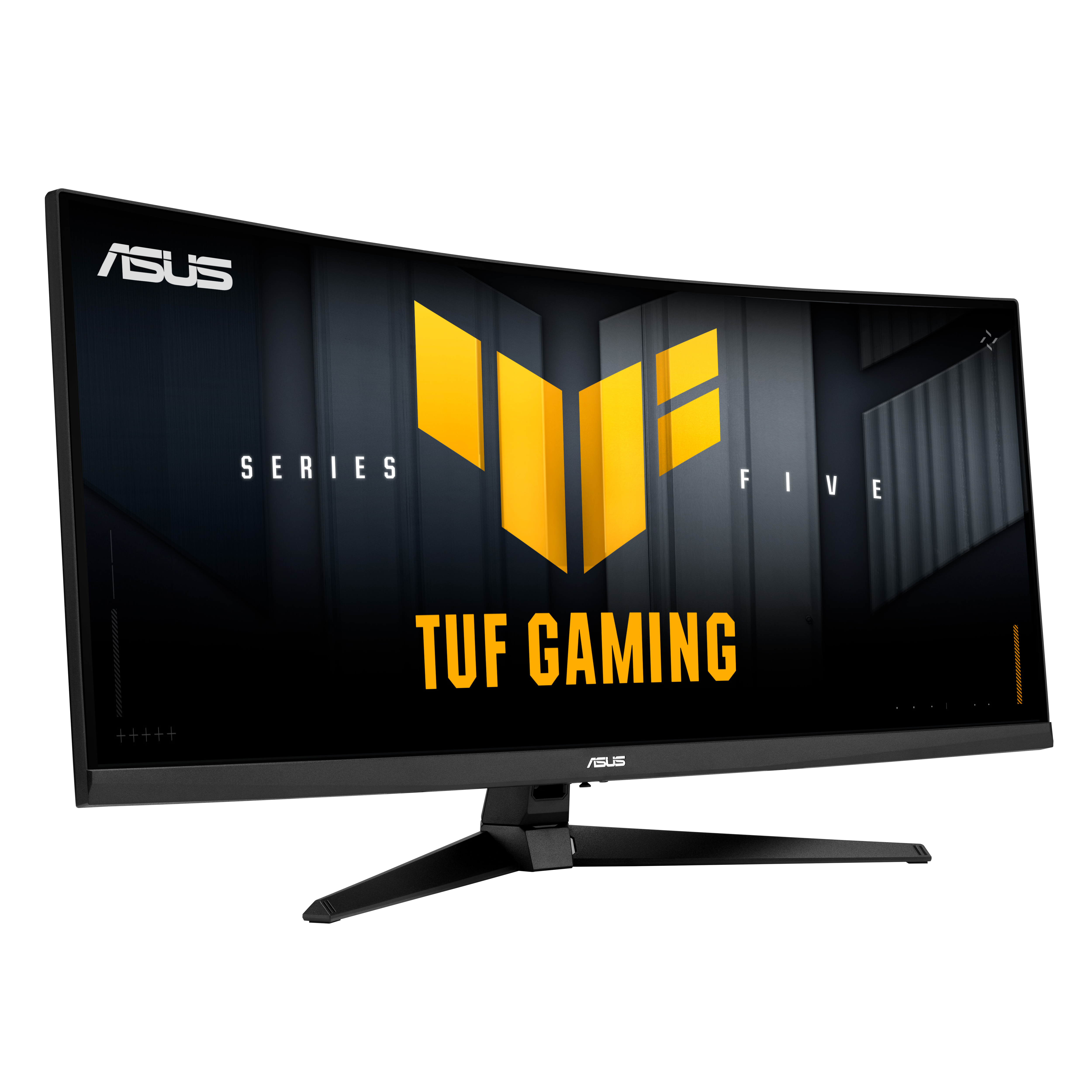 Ein gekrümmter ASUS Gaming-Monitor mit gelbem Logo und Text.