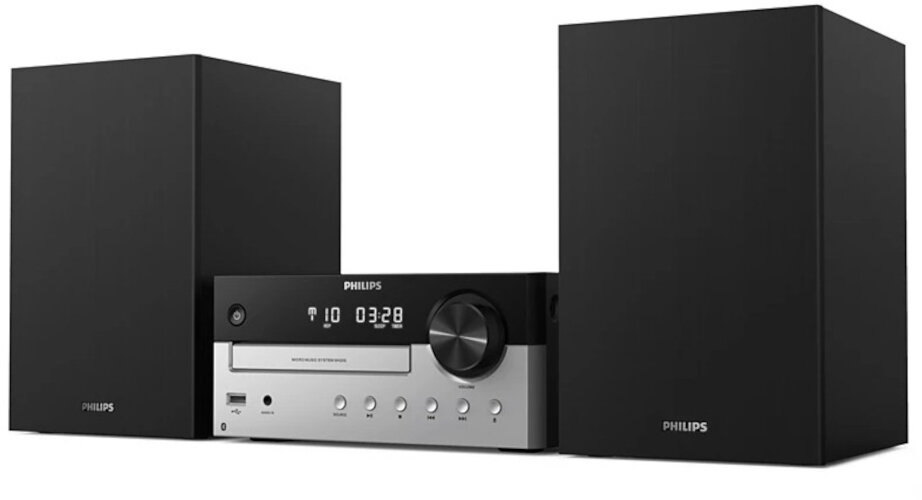 Czarny system muzyczny Philips z odtwarzaczem CD i dwoma głośnikami.