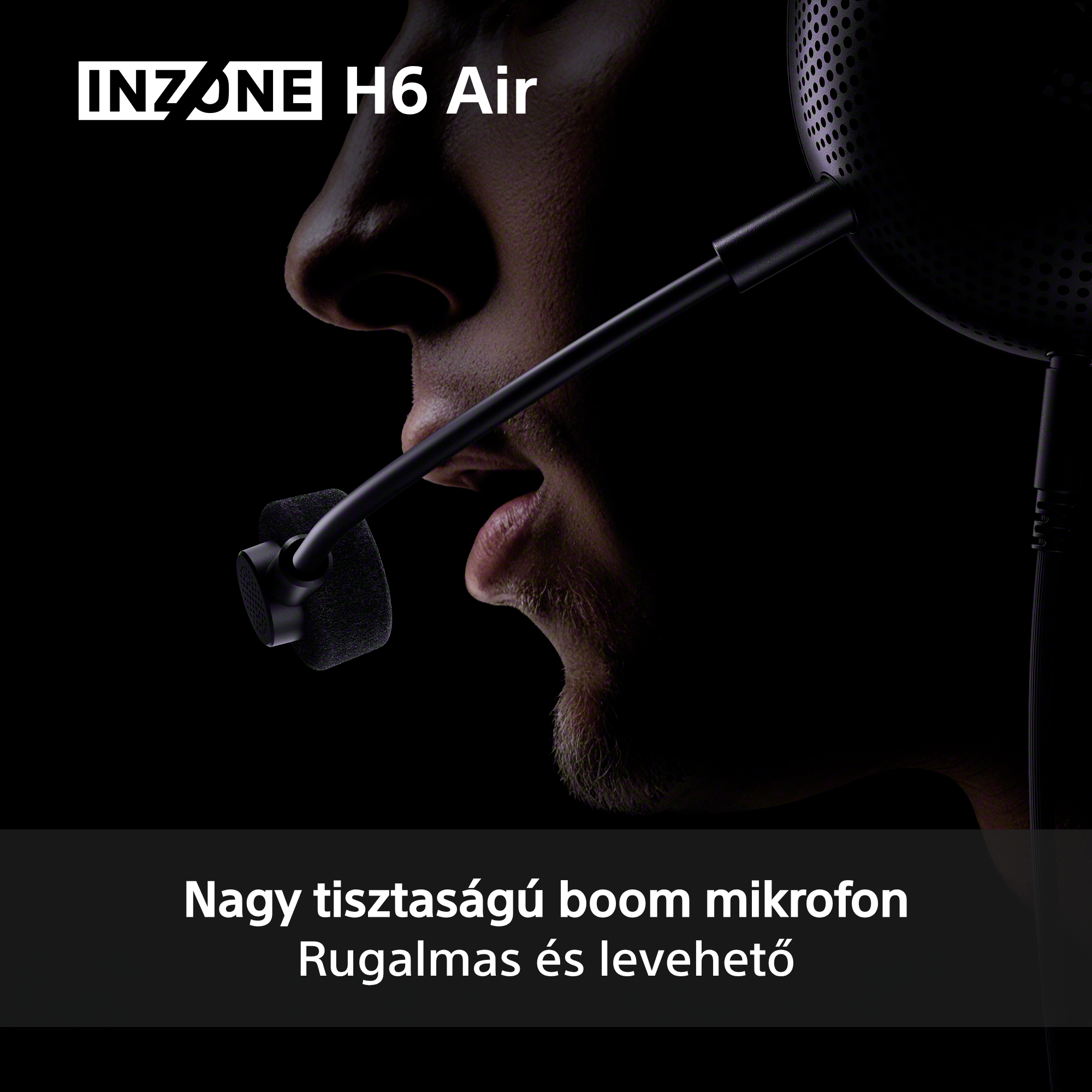 Fejhallgatót viselő személy mikrofonnal, Sony Inzone H6 Air felirat.