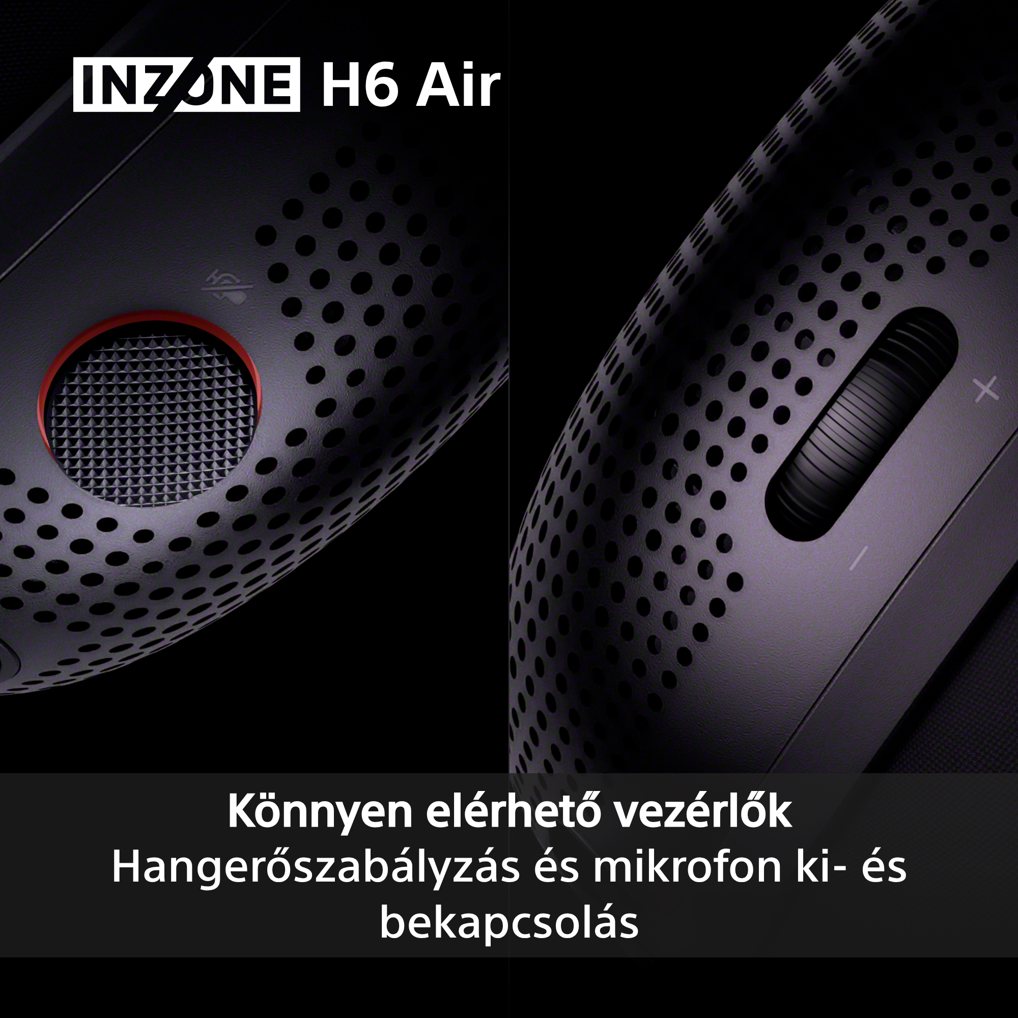 Fekete fejhallgató közelről, szellőzőnyílásokkal és hangerőszabályzóval.