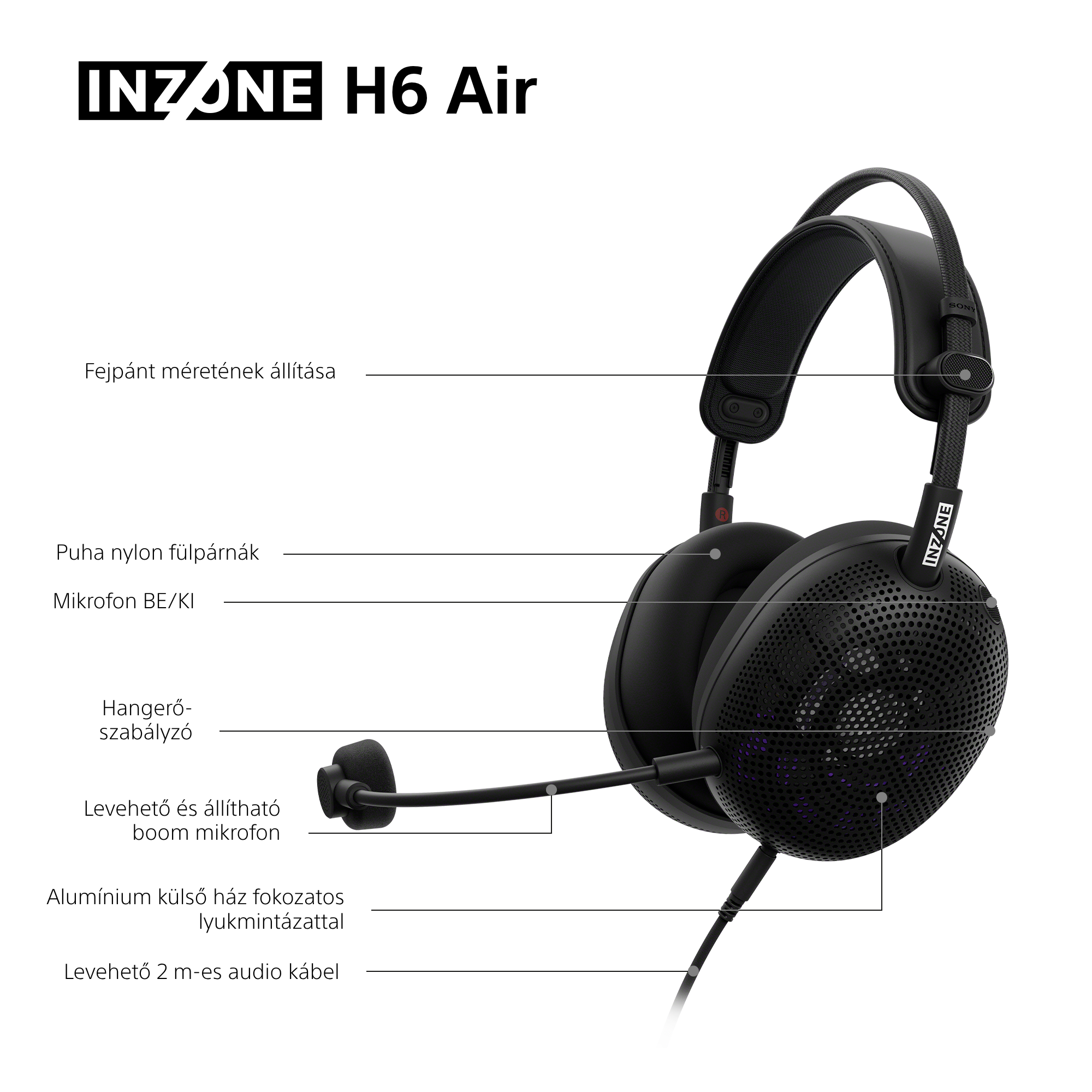 Fekete fülre illeszkedő fejhallgató mikrofonnal, kábellel és Sony logóval.