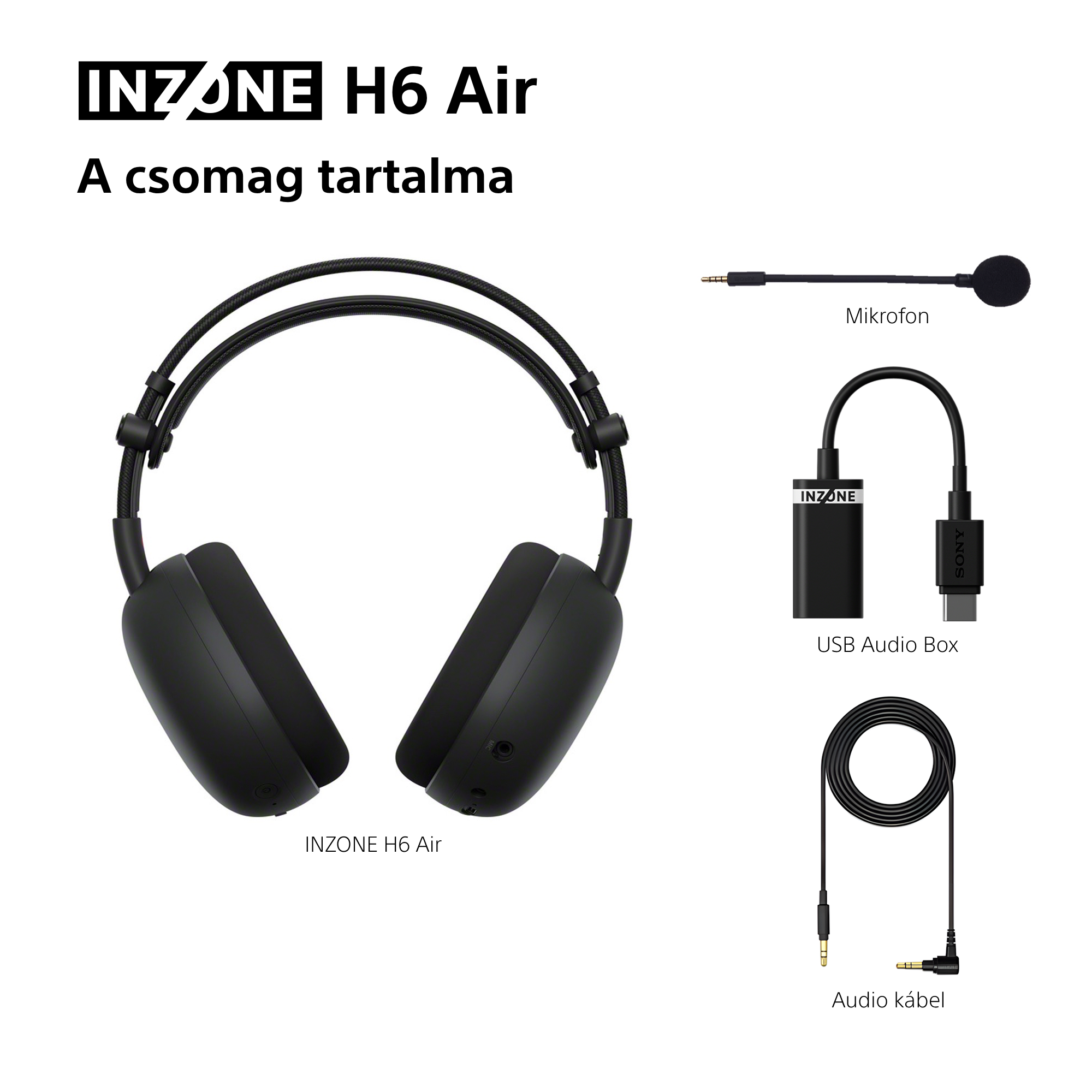 Fekete INZONE H6 Air fejhallgató mikrofonnal, USB hangdobozzal és audiokábellel.
