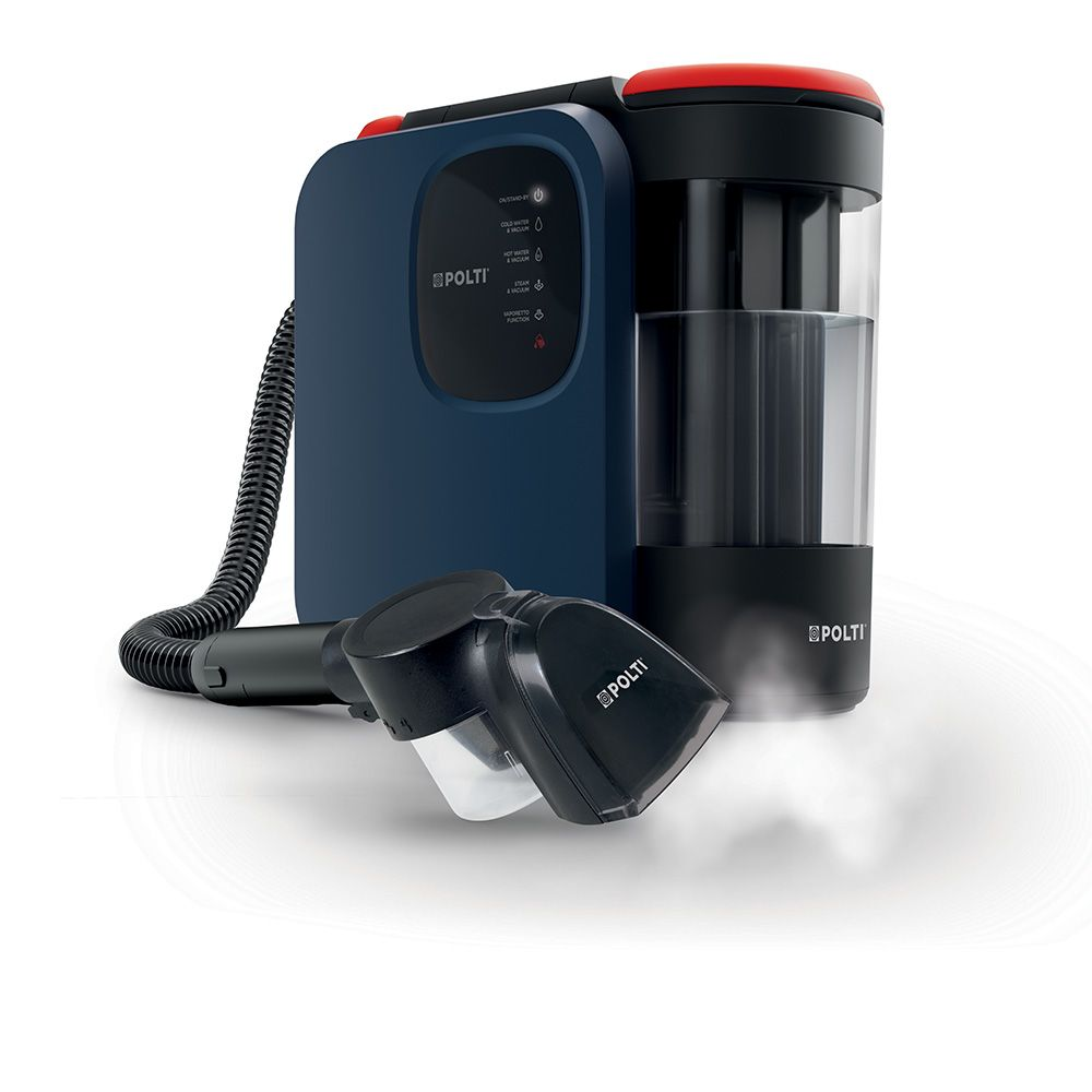 Una limpiadora a vapor azul con depósito de agua transparente y accesorio negro.
