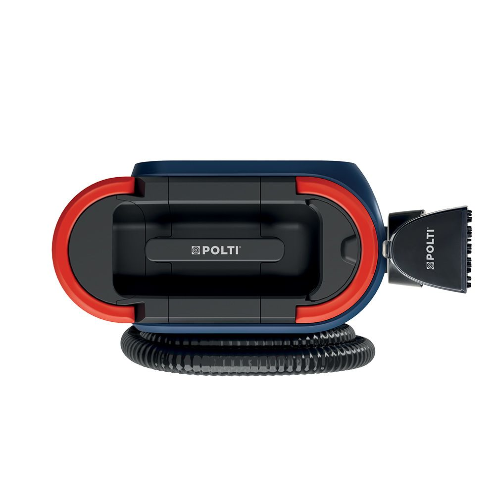 Limpiador a vapor Polti azul con detalles rojos y negros, manguera y cepillo.