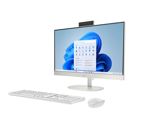 Un ordenador todo en uno blanco con teclado y ratón, sobre fondo blanco.
