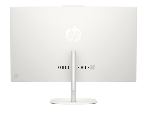 Vista trasera de un ordenador blanco HP All-in-One con puertos y logo.