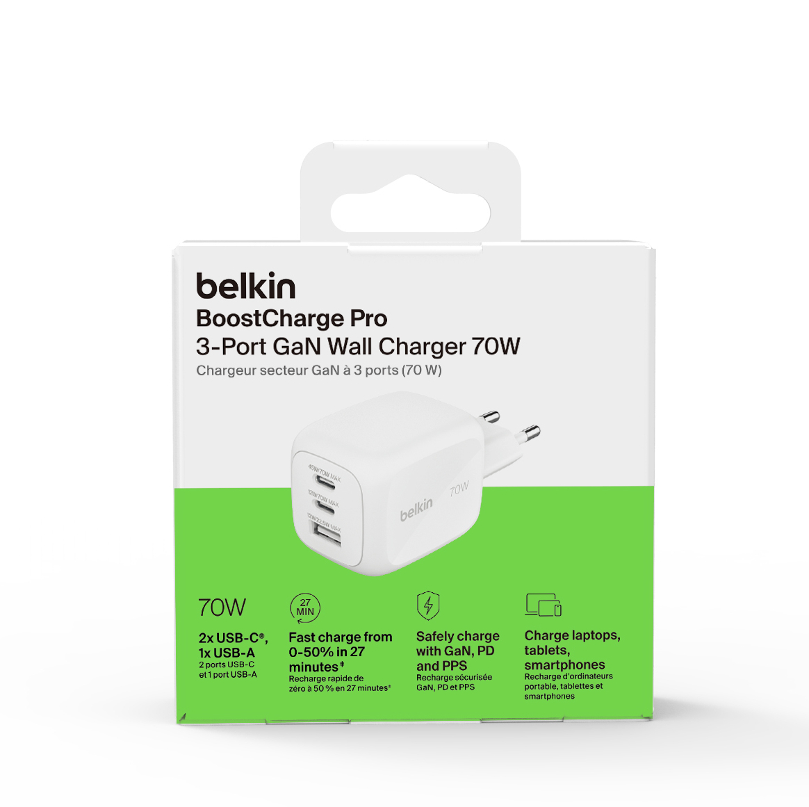 Cargador de pared Belkin BoostCharge Pro 70W GaN de 3 puertos con USB-C y USB-A.