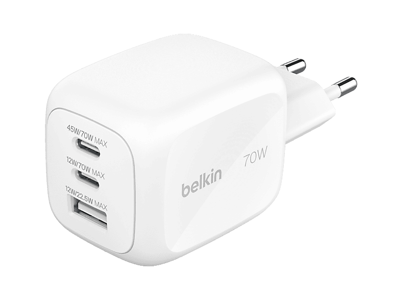 Cargador de pared - Belkin BoostCharge Pro 3-Port GaN, Universal, 3 Puertos, 70 W, USB-C y USB-A, Blanco
