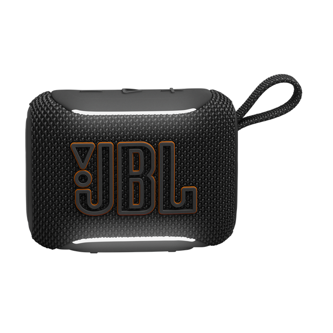 Altavoz JBL negro con logo naranja y correa.