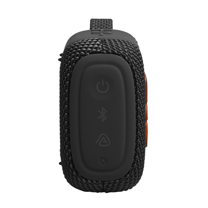 Altavoz portátil negro con botones de encendido, Bluetooth y volumen laterales.