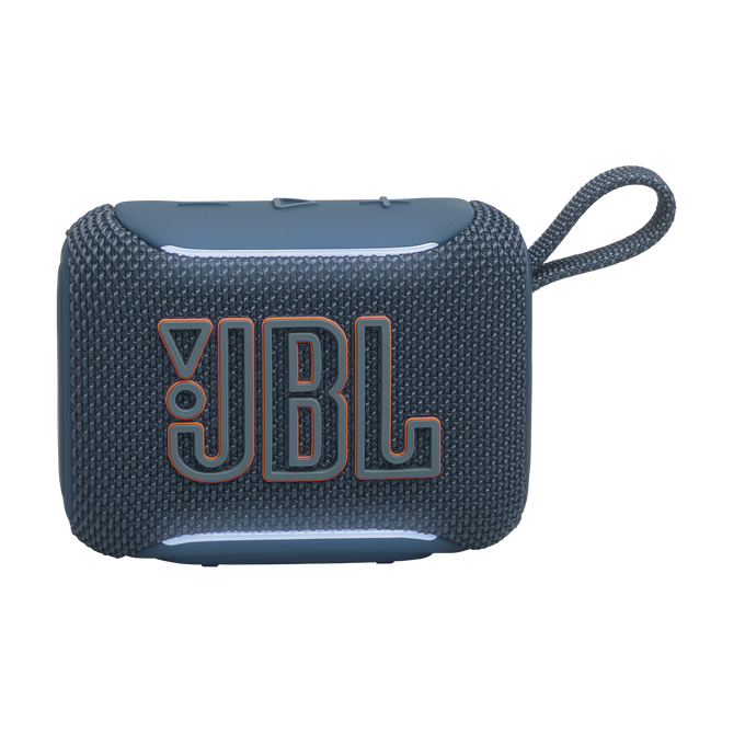 Altavoz JBL gris con logo naranja y asa colgante.