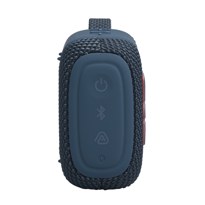 Altavoz Bluetooth azul con iconos de encendido, Bluetooth y batería.