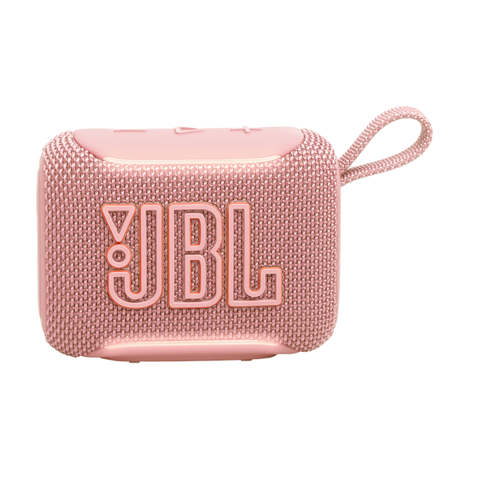 Un altavoz JBL Go 3 rosa con correa de tela.