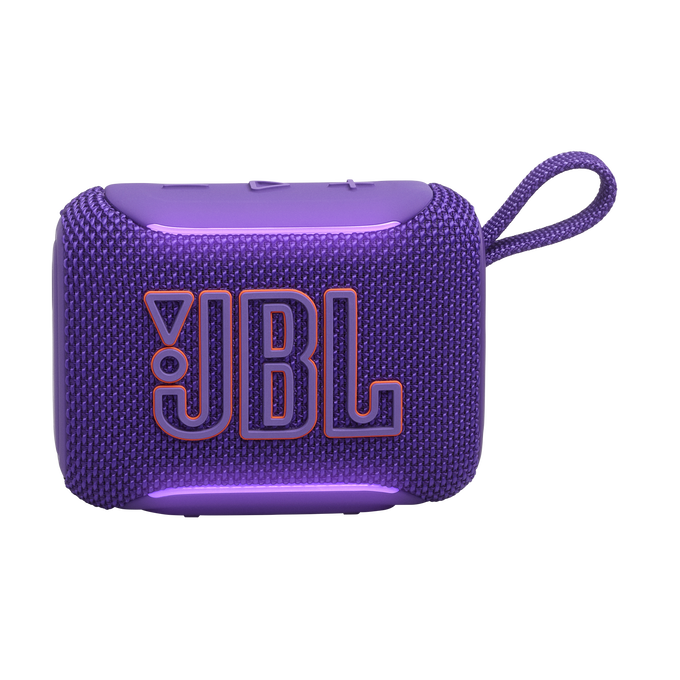 Un altavoz JBL morado con logo JBL naranja y asa sobre fondo negro.
