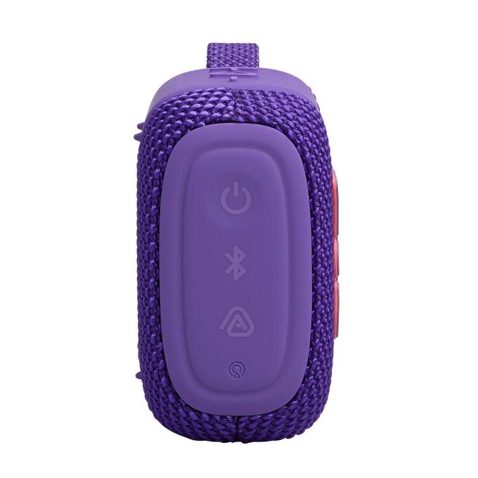 Altavoz Bluetooth morado con iconos de encendido, Bluetooth, alerta y pausa.