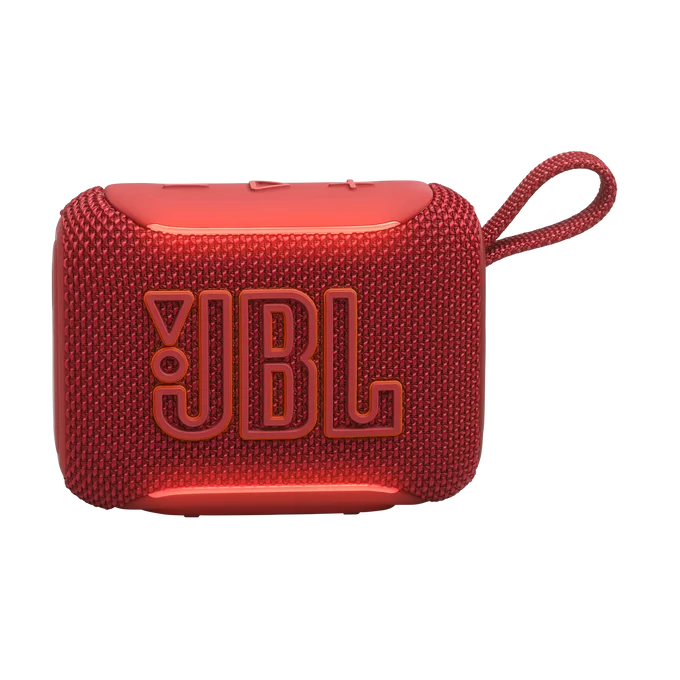 Un altavoz JBL Go 3 rojo sobre fondo negro.