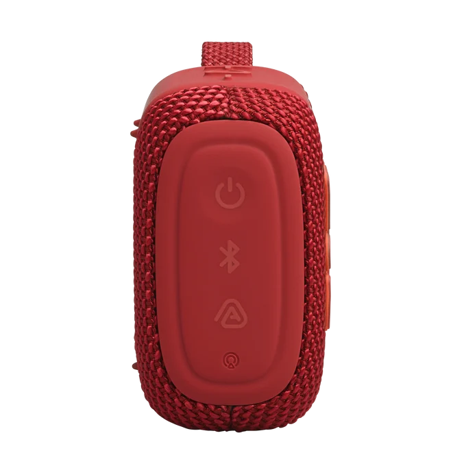 Altavoz Bluetooth rojo compacto con botones de control en la parte superior.
