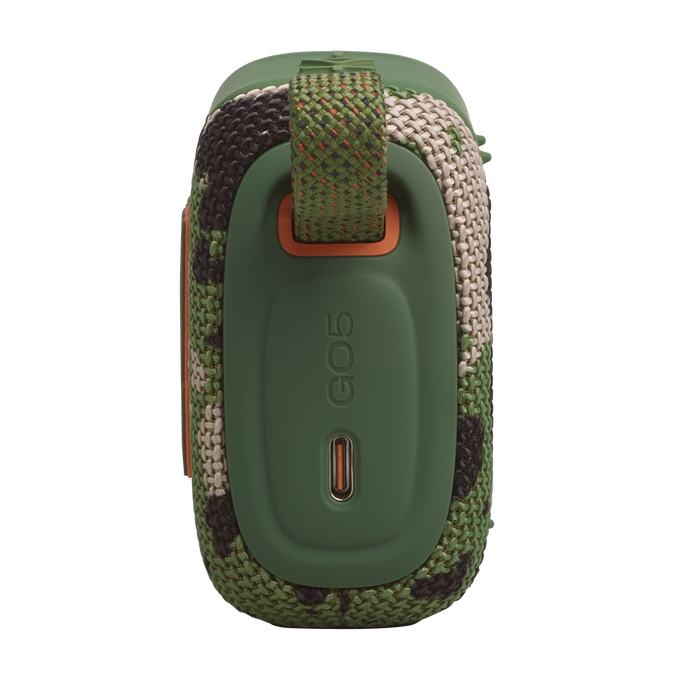 Altavoz verde de camuflaje con correa y puerto USB-C.