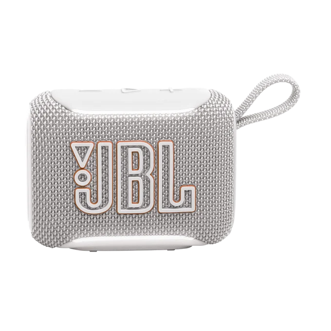 Un altavoz JBL Go 3 blanco con correa y logo en oro rosa.